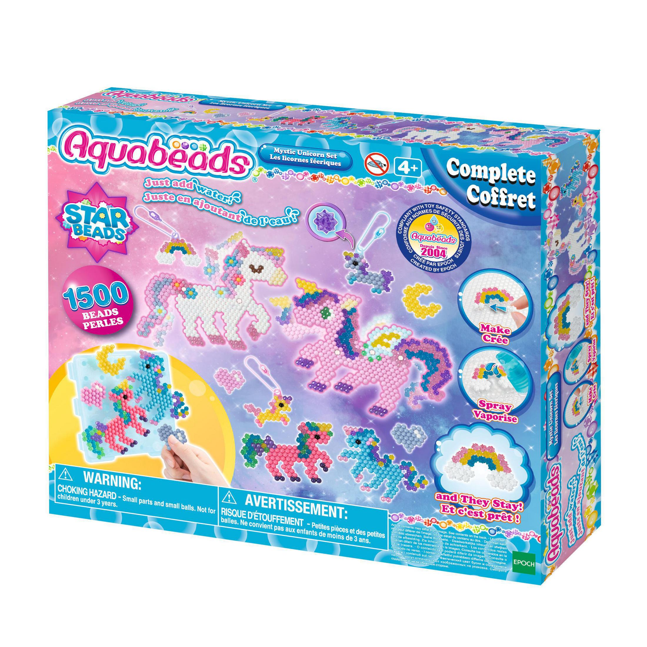 Eine Schachtel mit Aquabeads, mit Illustrationen von Einhörnern und Perlen in verschiedenen Farben. Die Box ist bunt.