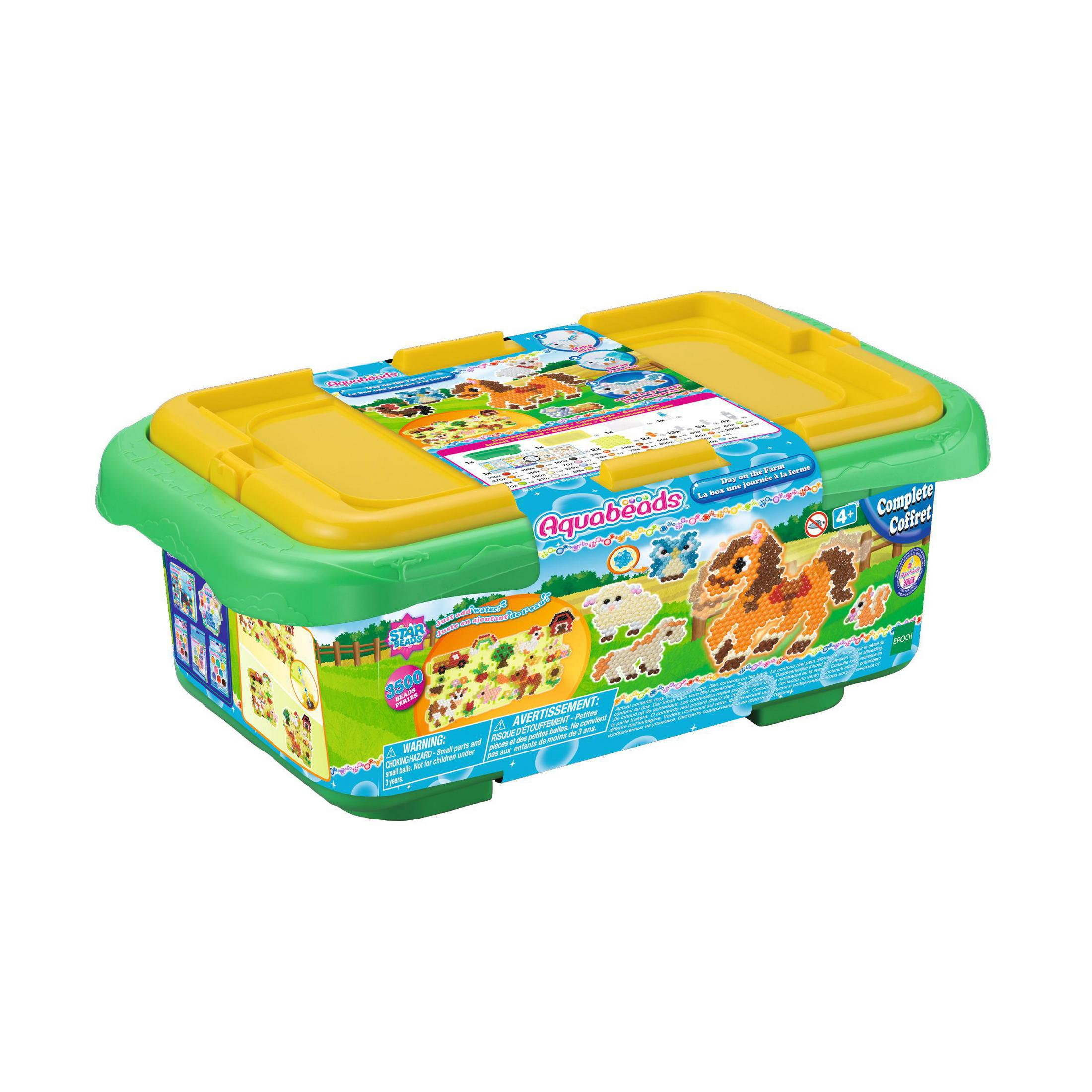 Caja de kit de Aqua beads con tapa, llena de cuentas e imagen de animales de granja.