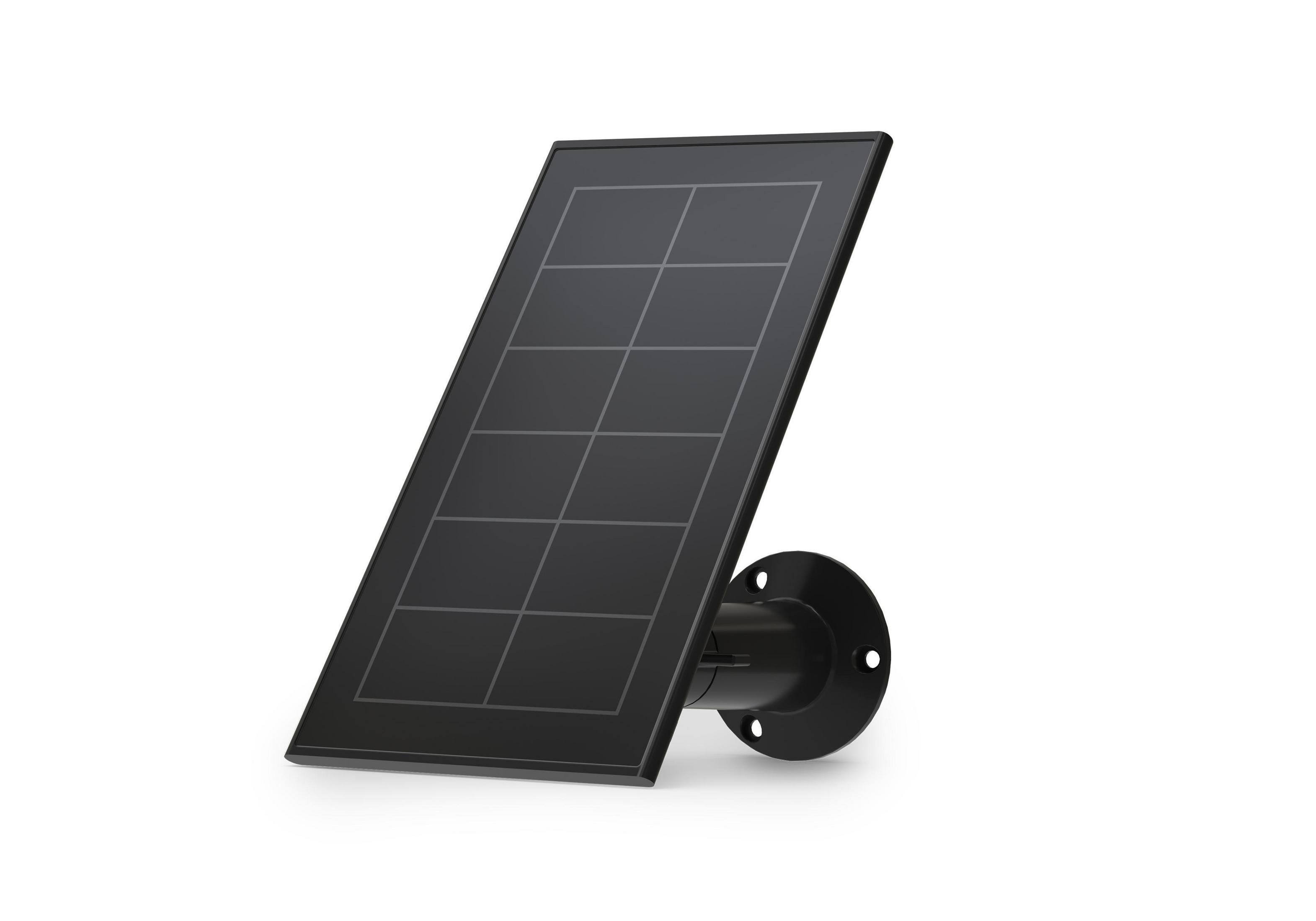 Pannello solare nero montato su un palo nero. Sfondo bianco.