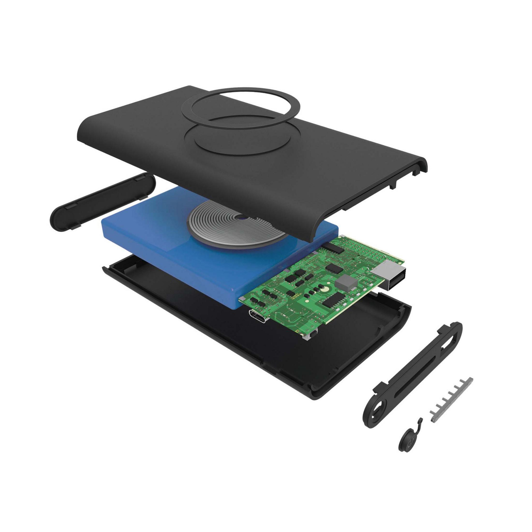 Vista esplosa di un power bank nero con componenti interni e accessori.