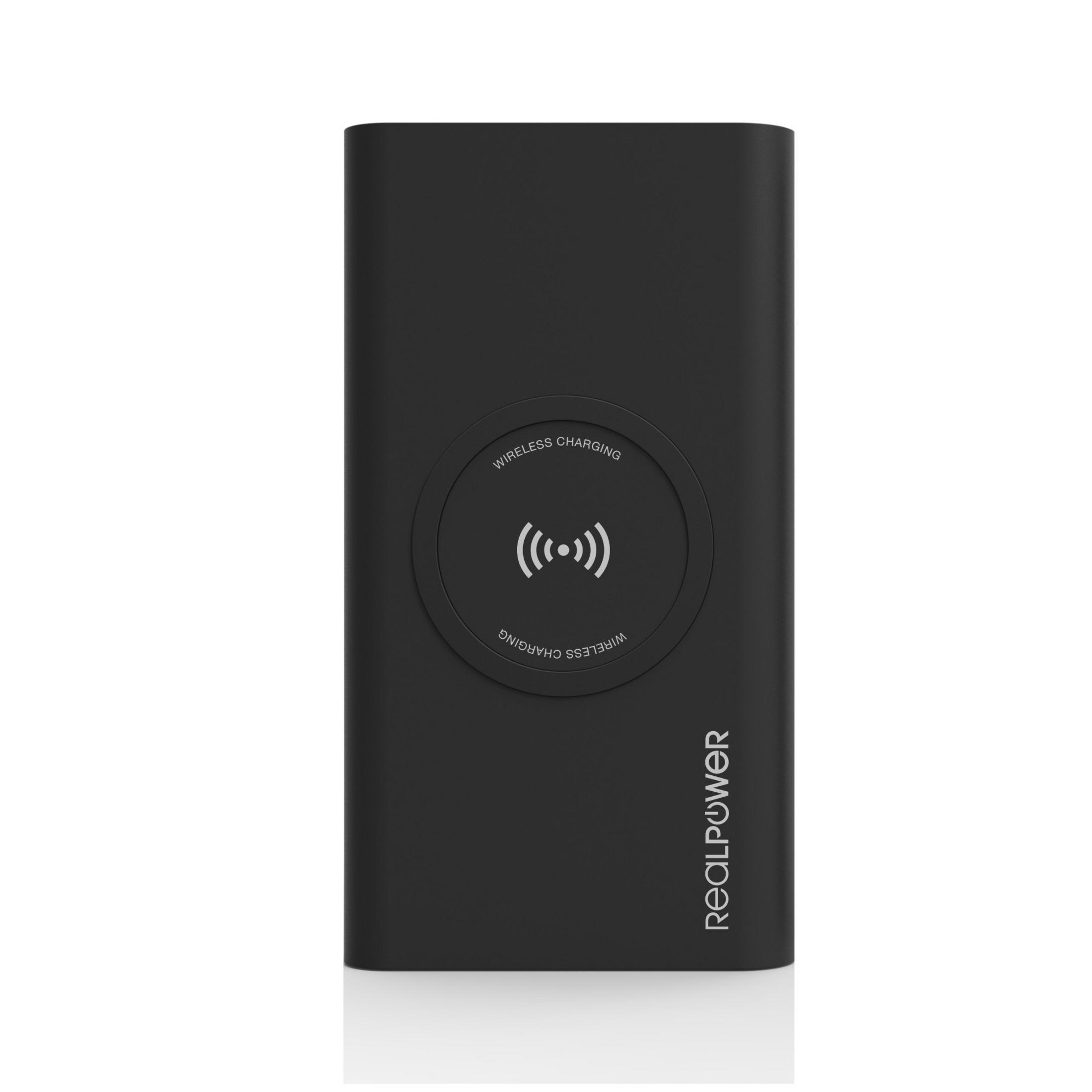 Power bank nero con simbolo di ricarica wireless e la parola REALPOWER su sfondo bianco.