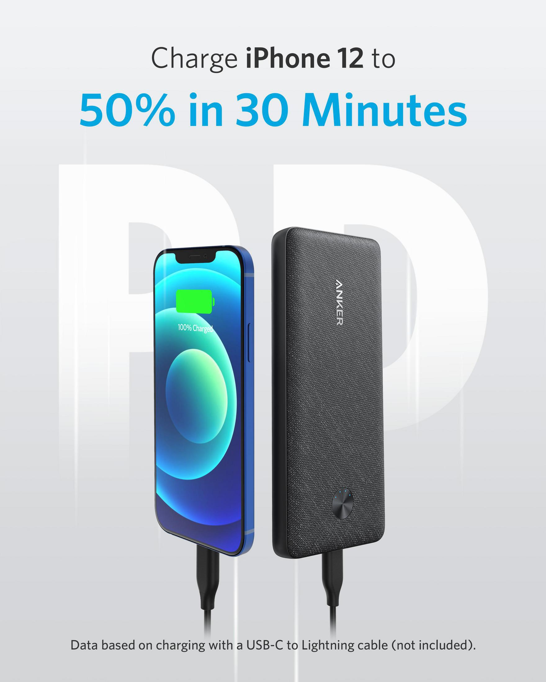 iPhone in carica con power bank. Testo: 50% in 30 minuti.
