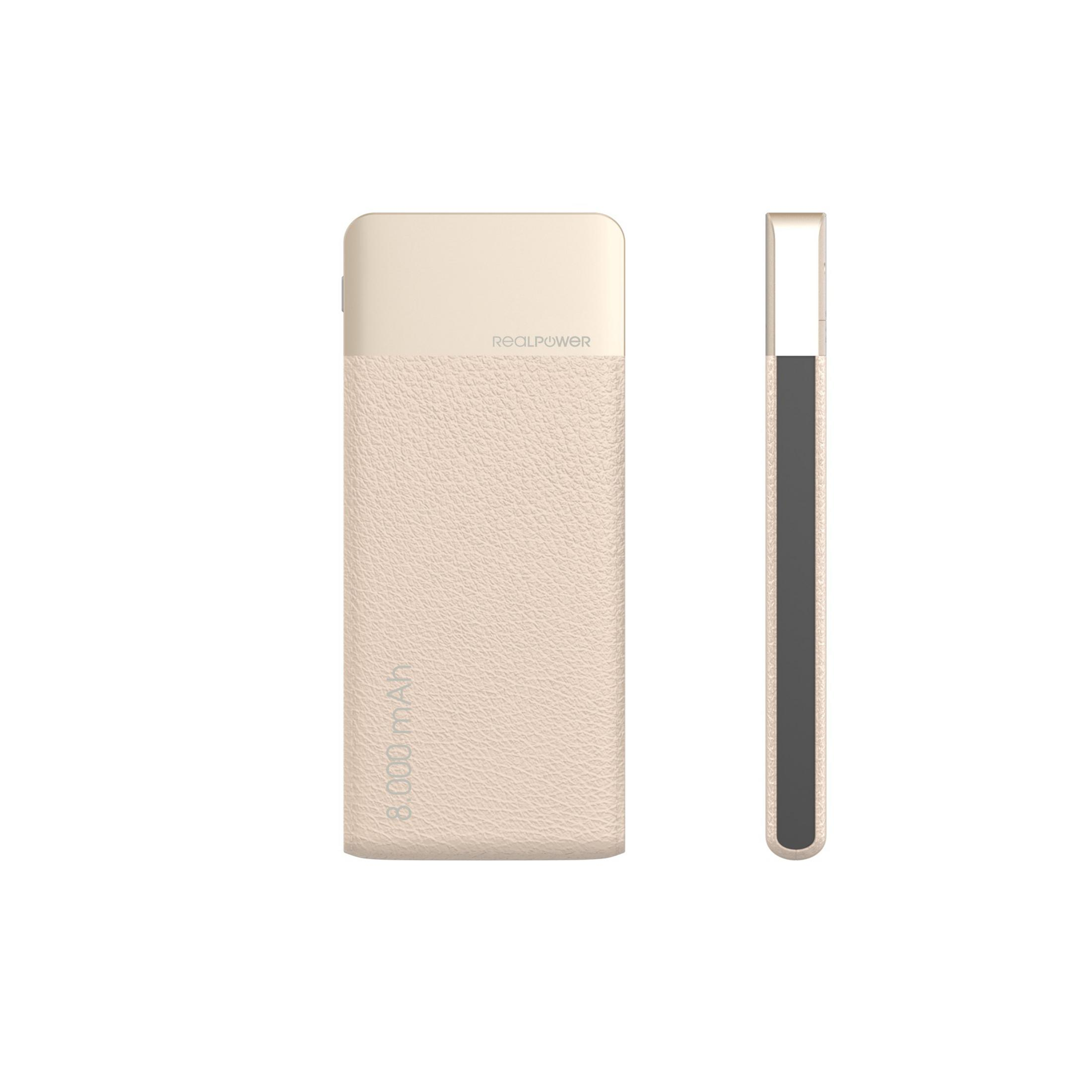 Power bank beige e oro con vista laterale, mostra il marchio RealPower e 8.000 mAh.