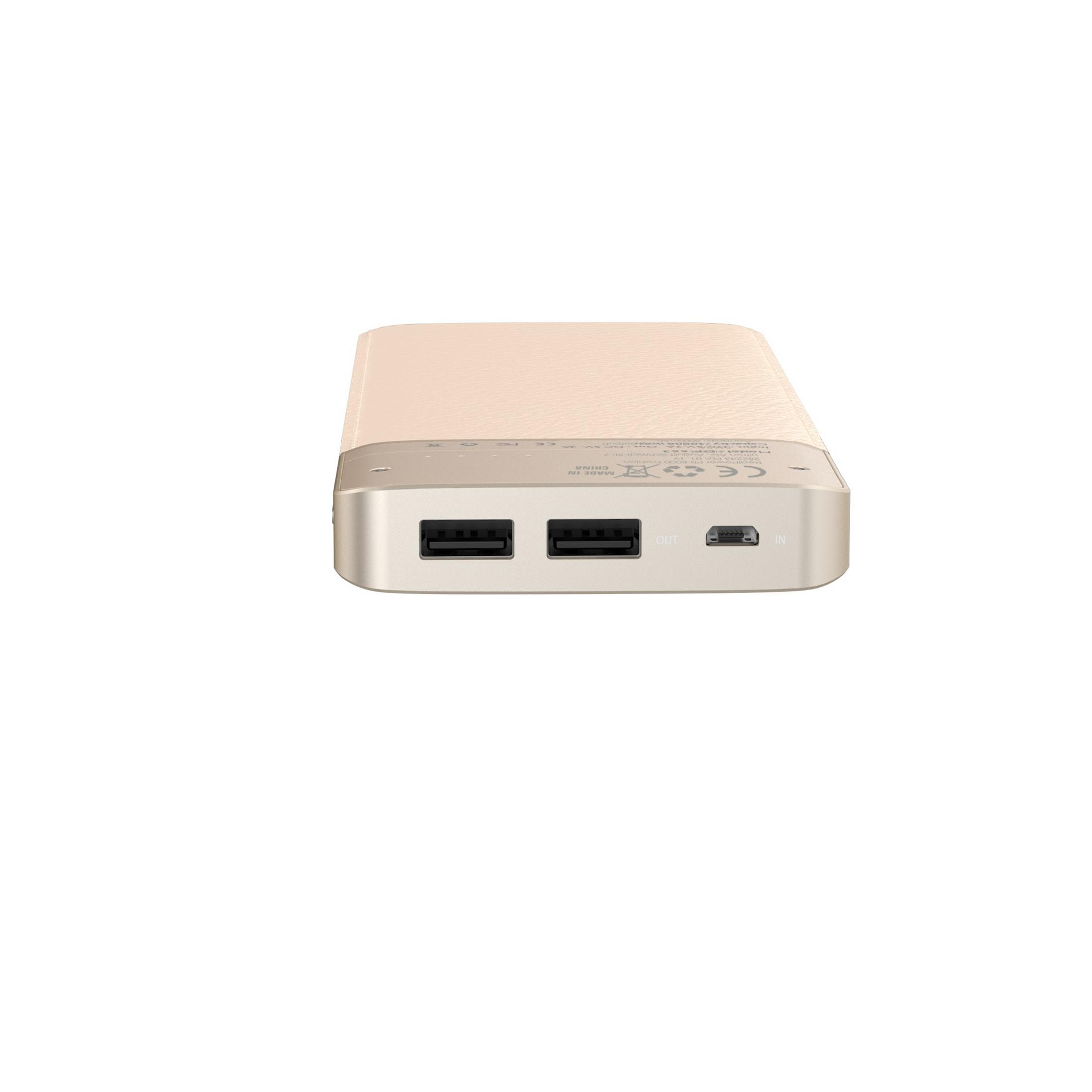 Un power bank color oro con due porte USB.