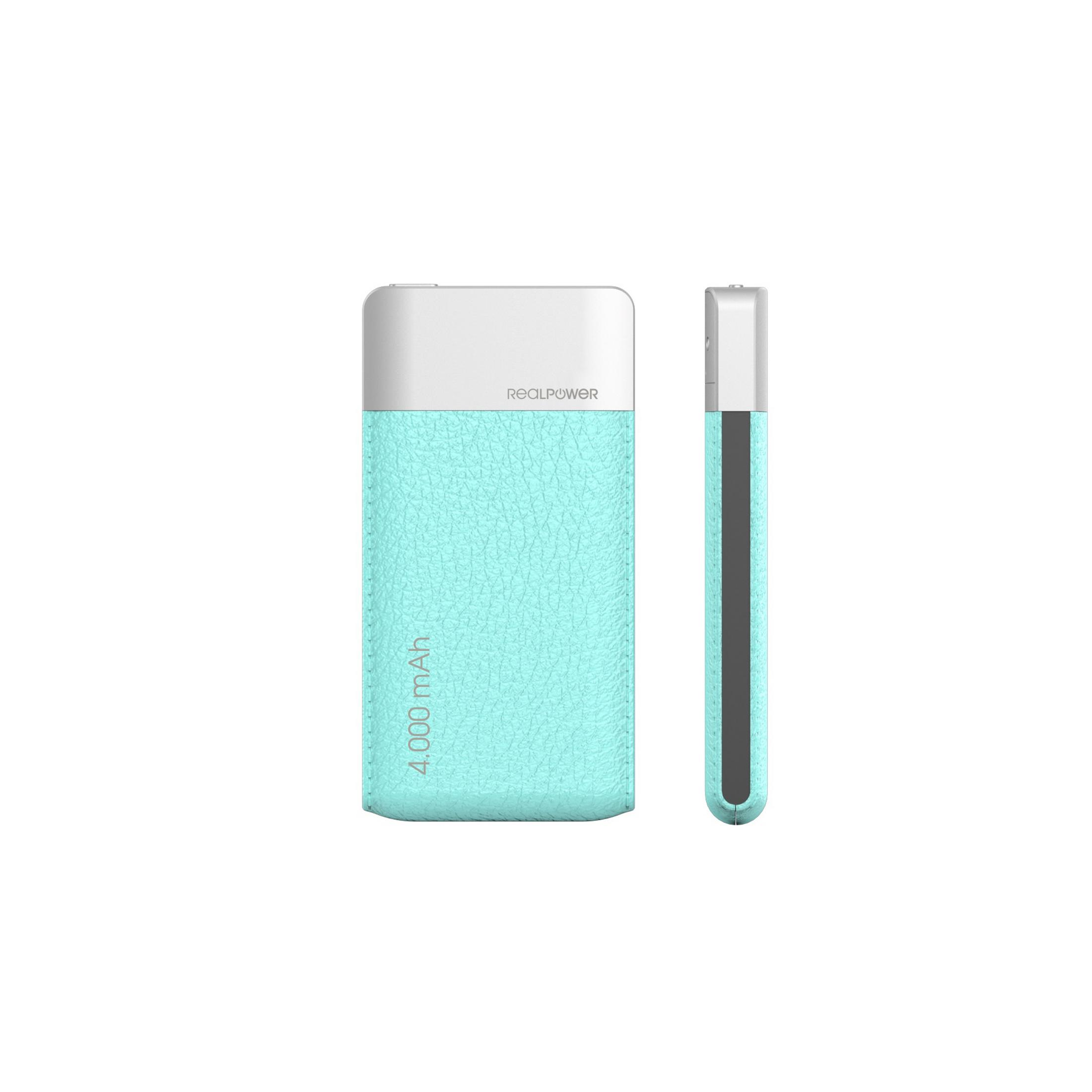 Un power bank turchese e bianco con il logo Realpower, mostra le viste frontale e laterale.