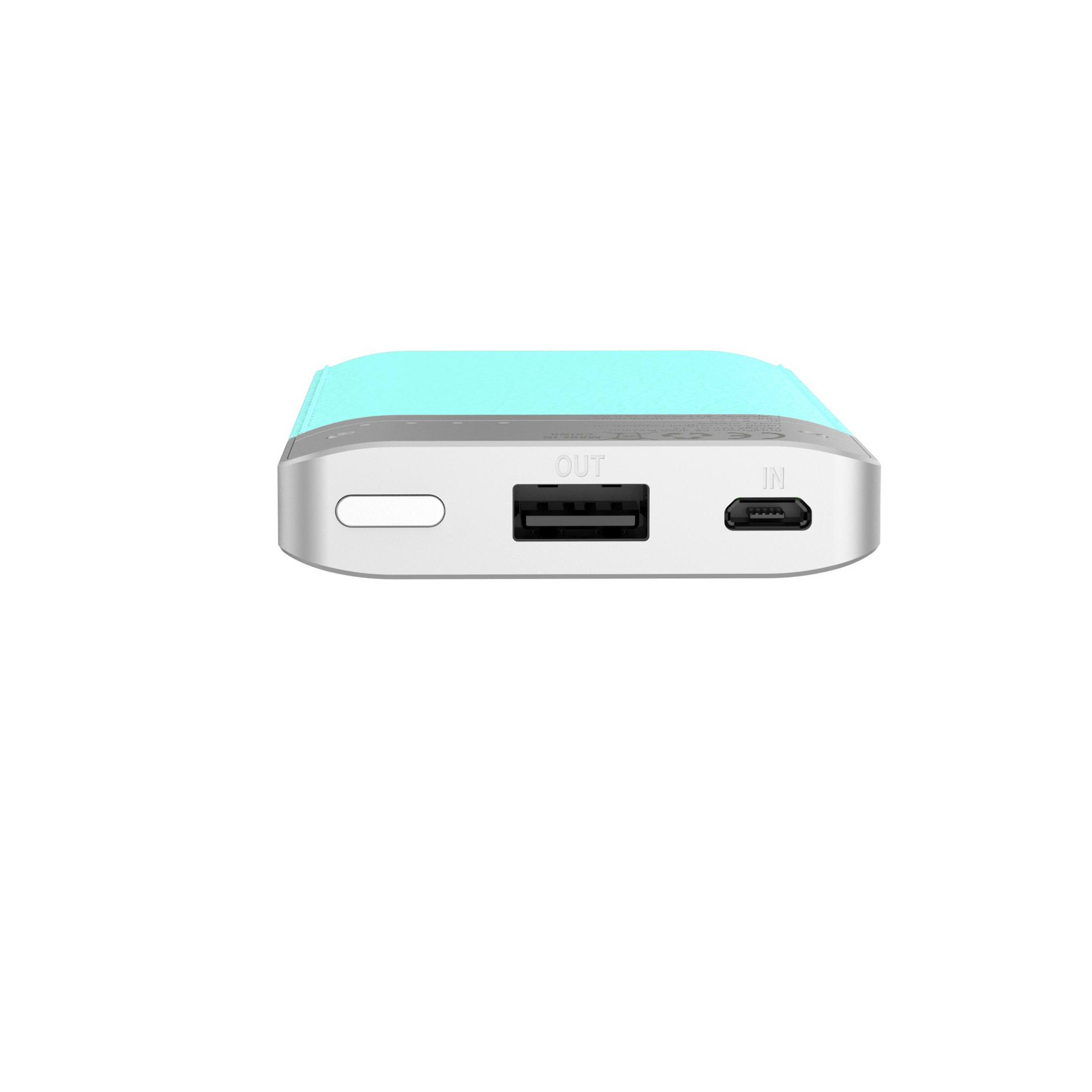 Power bank turchese e argento. Mostra porte USB e micro USB su un lato, sfondo bianco.