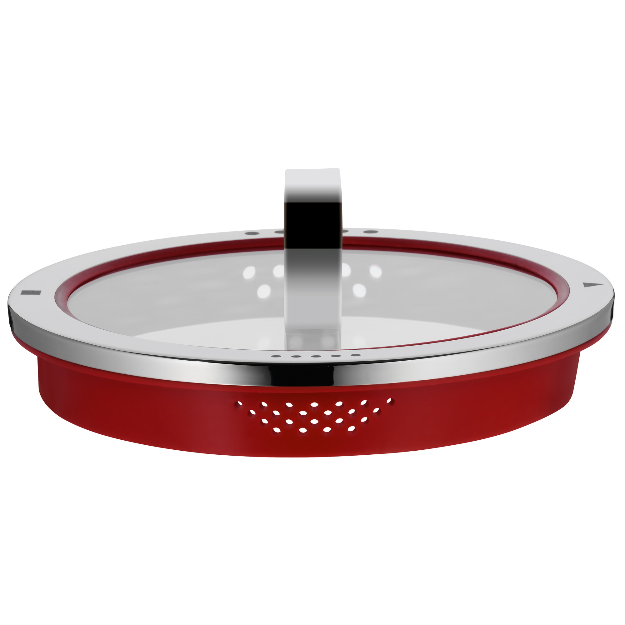 Ein roter und silberner Sieb mit Glasdeckel, für den Küchengebrauch.