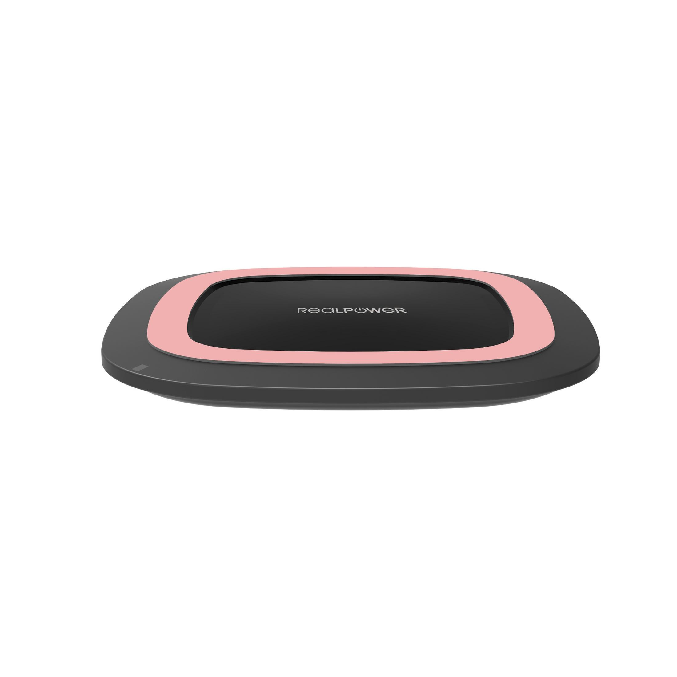 Ein kabelloses Ladegerät, schwarz mit pinkfarbenem Ring. Ein schlankes, minimalistisches Design.
