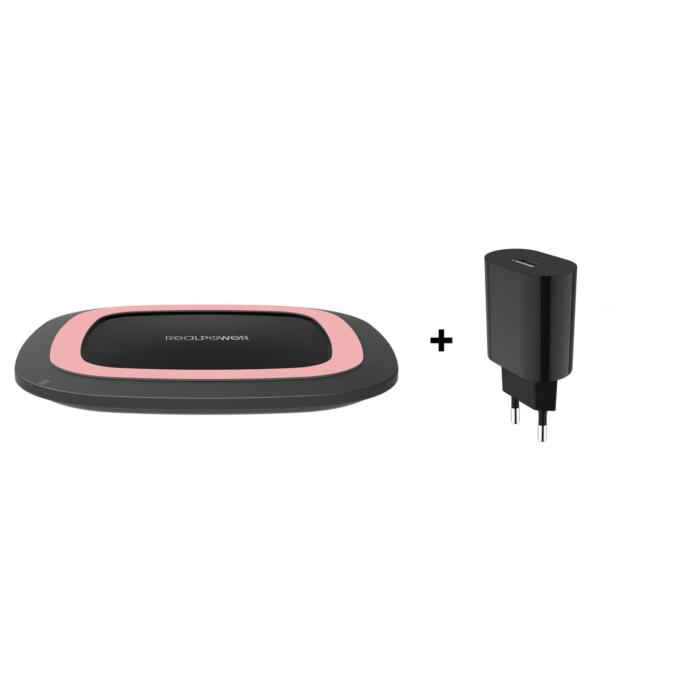 Kabelloses Ladegerät und ein schwarzes Ladegerät. Das Ladegerät ist rosa und schwarz.
