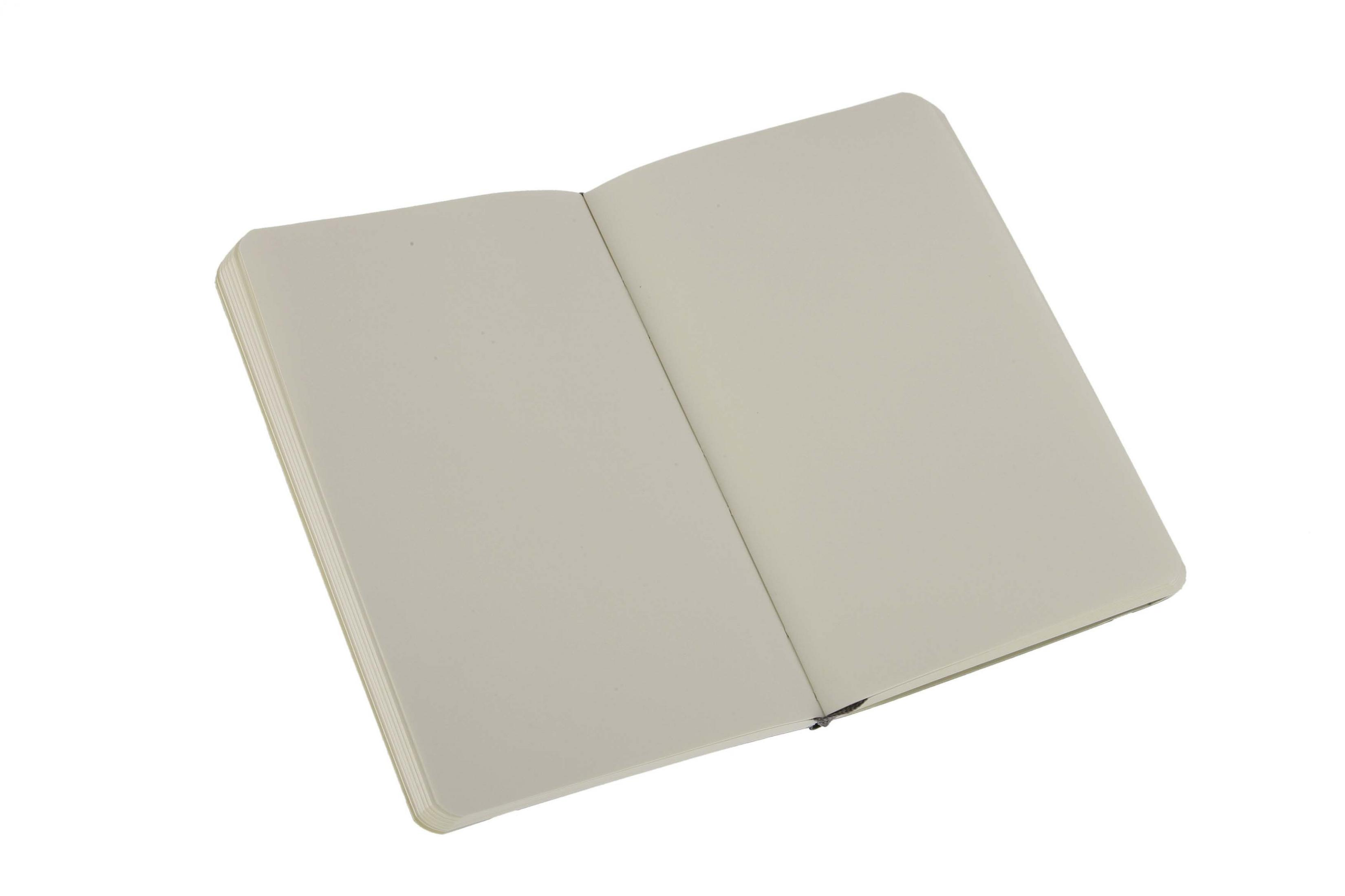 Otwarty notatnik z pustymi, kremowymi stronami. Notatnik leży pod kątem, na białym tle.