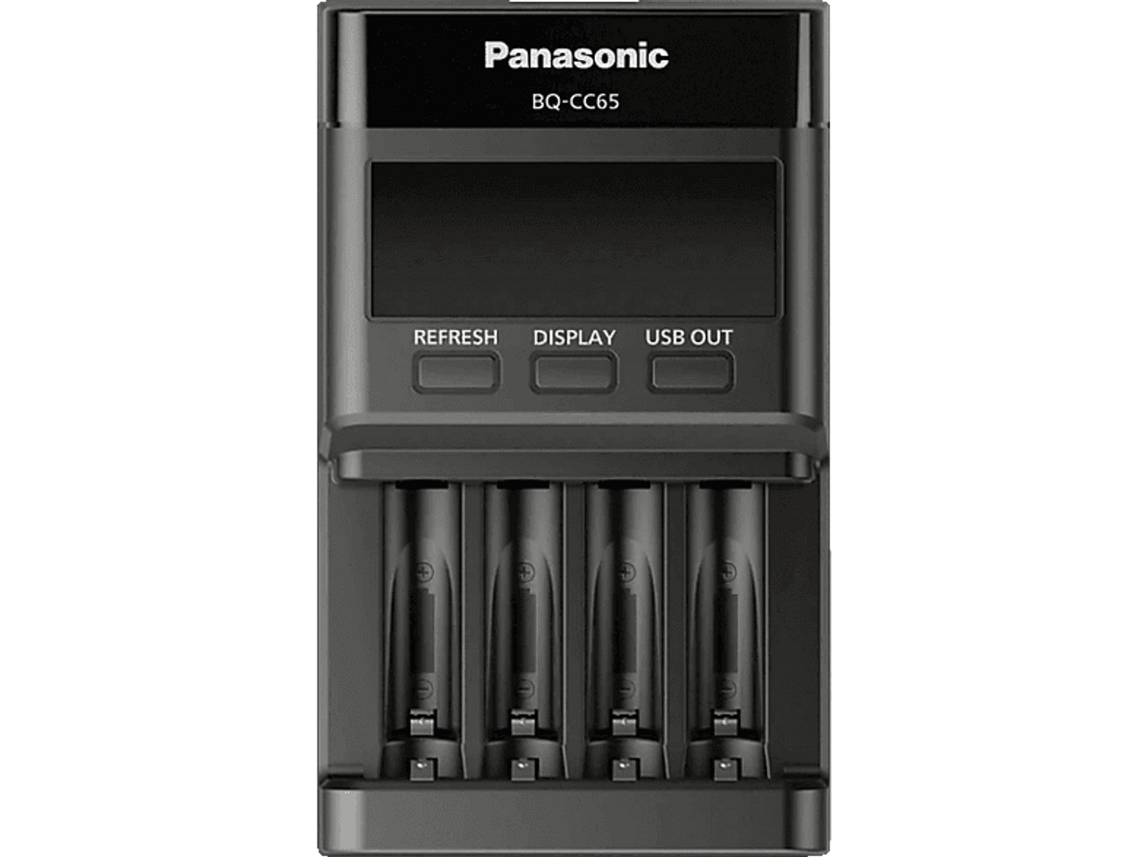 Caricabatterie Panasonic BQ-CC65 su sfondo nero.