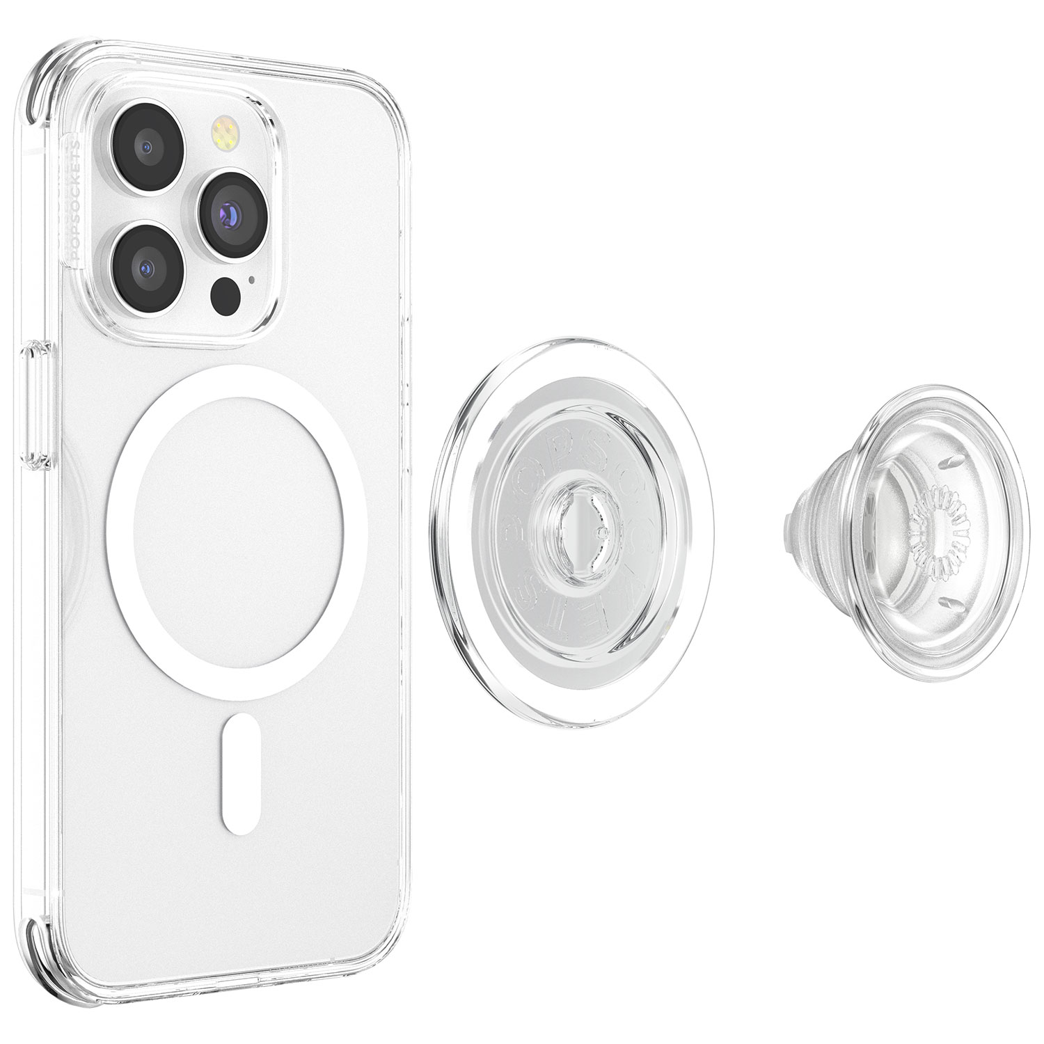 Transparente iPhone-Hülle, MagSafe-Ring und PopSocket, alles transparent, auf weißem Hintergrund.