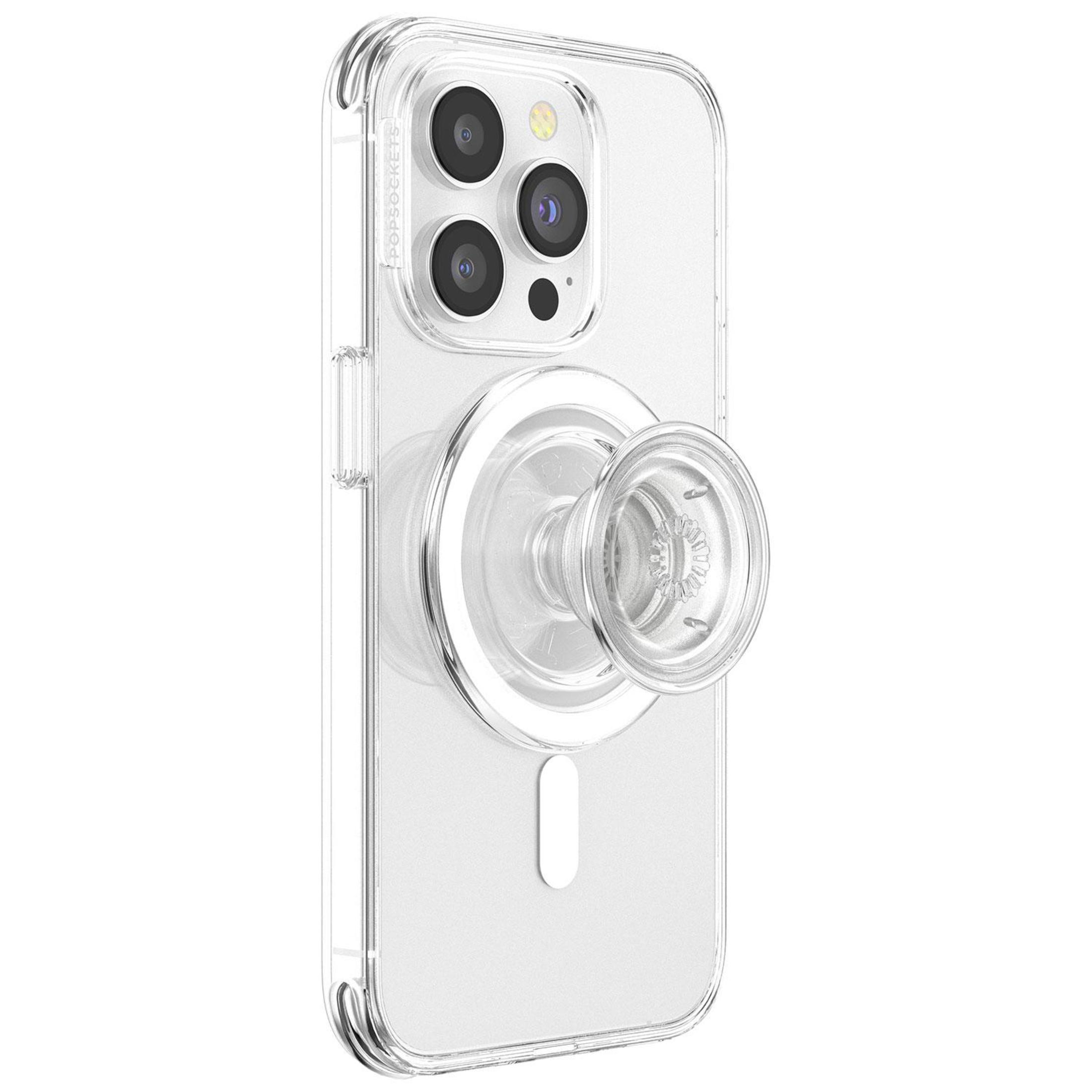 Transparente Handyhülle mit einem kreisförmigen Pop-Socket an der Rückseite eines Telefons.