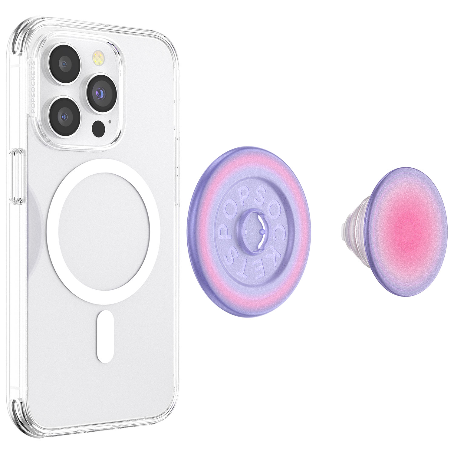 Custodia trasparente per telefono con impugnatura PopSockets attaccata e impugnatura PopSockets separata. Entrambi hanno un design rosa e viola.