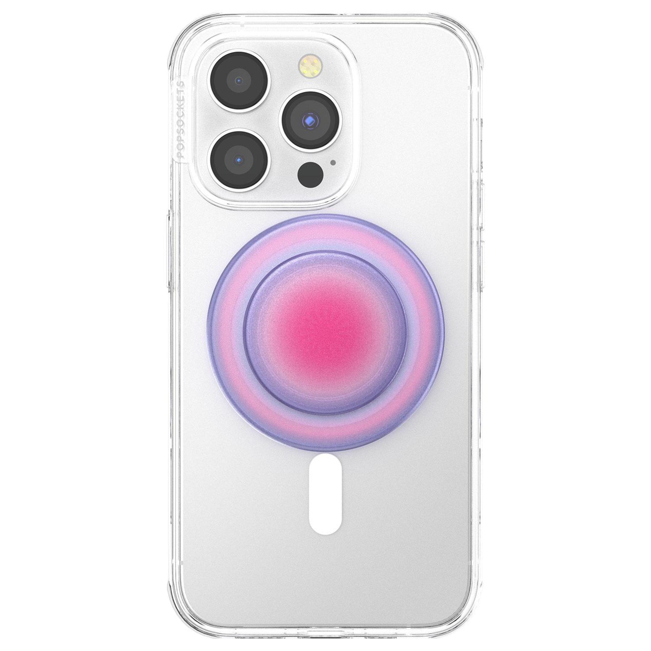 Una custodia trasparente per telefono con un PopSocket rosa e viola.