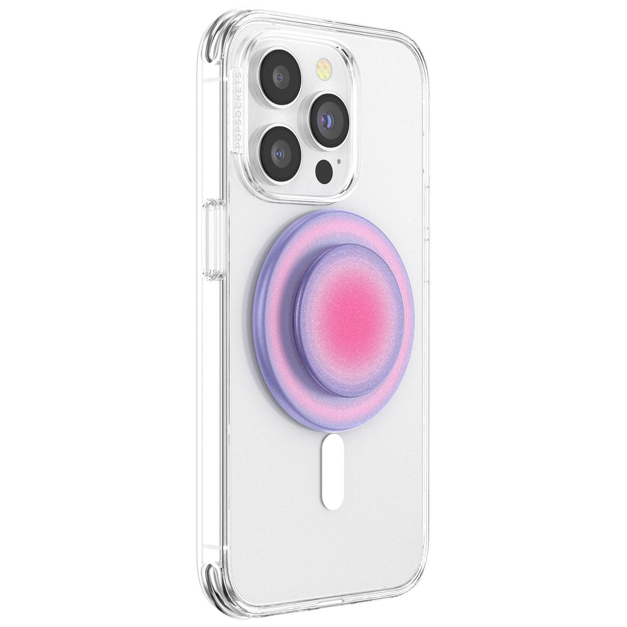 Una custodia trasparente per telefono con un'impugnatura PopSockets viola e rosa.