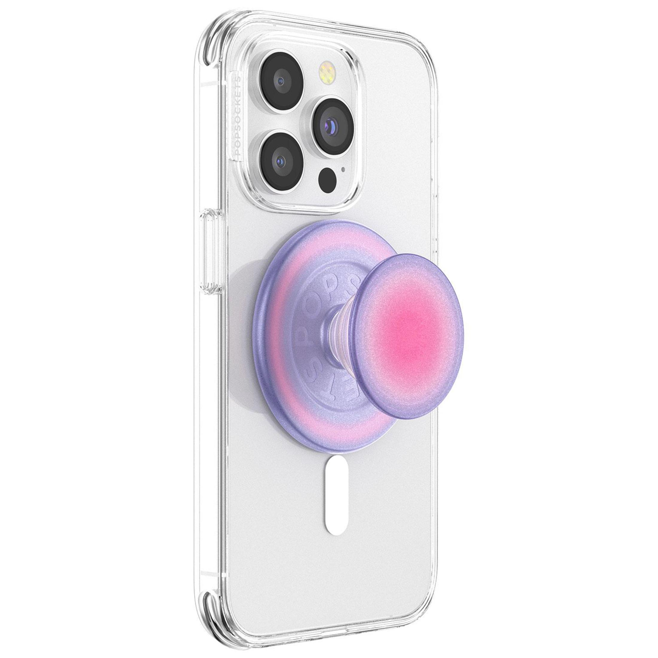 Custodia trasparente per telefono con un PopSocket rosa e viola attaccato, su una superficie bianca.