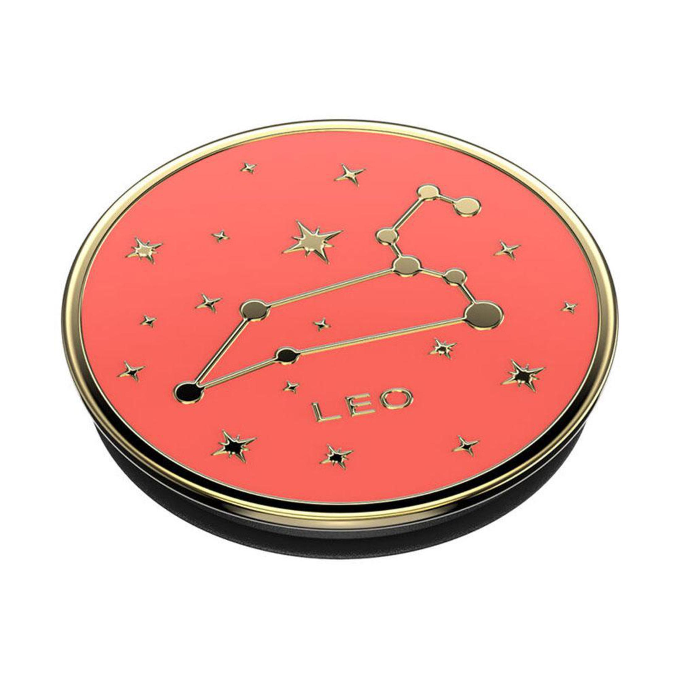 Ein runder PopSocket mit goldenem Rand und dem Sternzeichen-Design des Löwen auf korallenfarbenem Hintergrund.