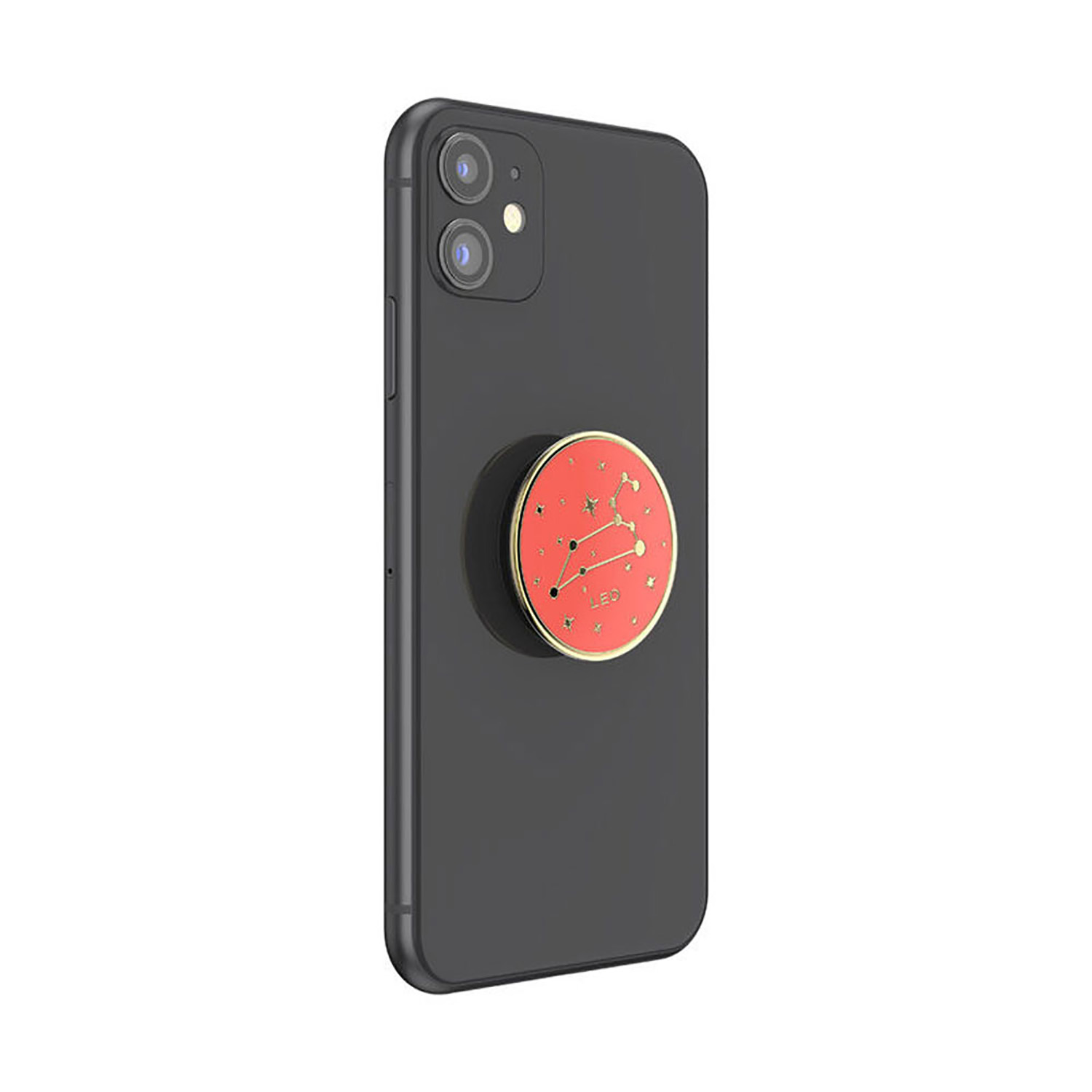 Schwarzes iPhone mit einem roten und goldenen Popsocket mit einem Sternbild-Grafik auf der Rückseite.
