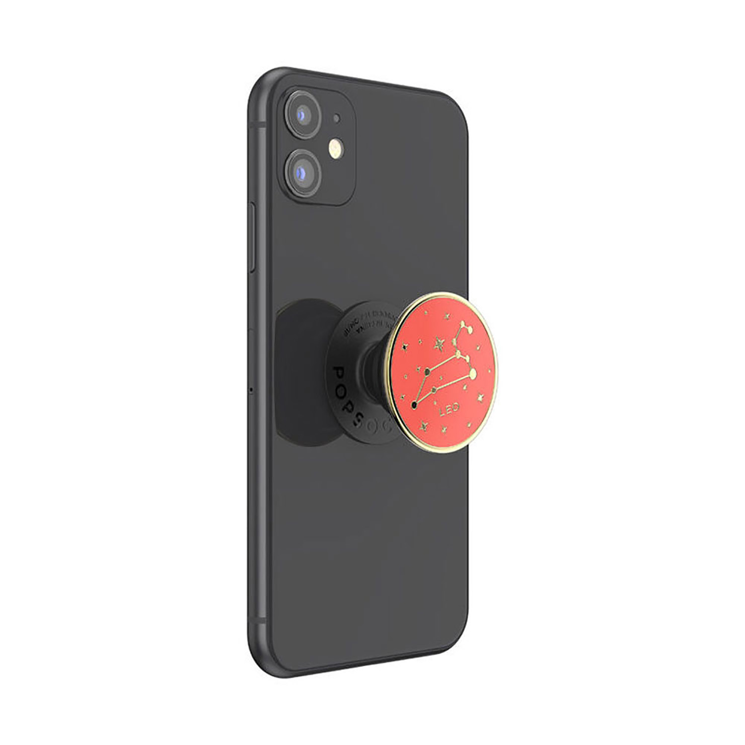 Schwarzes Smartphone mit rotem und goldenem PopSocket mit der Sternenkonstellation Leo.