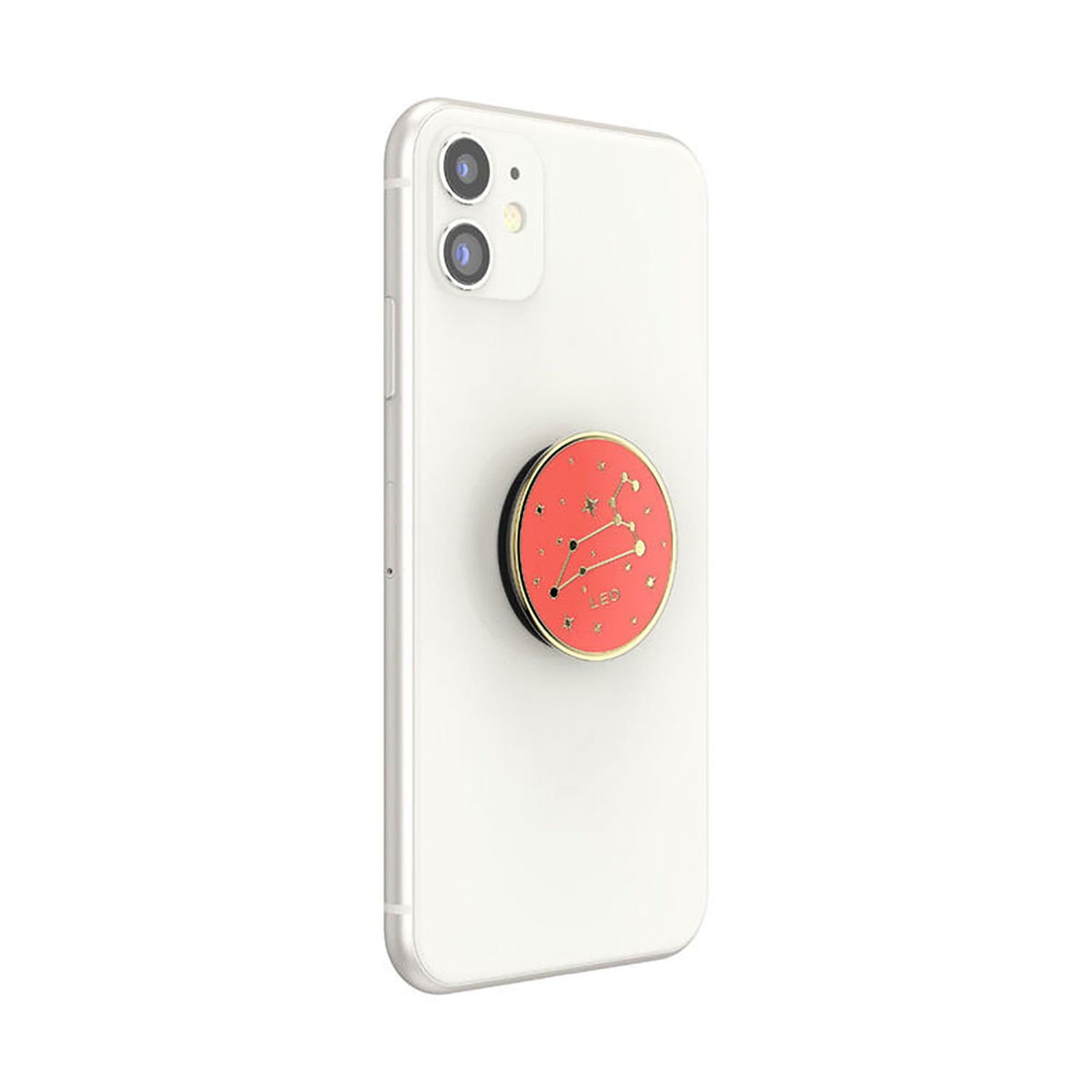 Weißes Telefon mit rotem und goldenem Leo-Zeichen auf der Rückseite.
