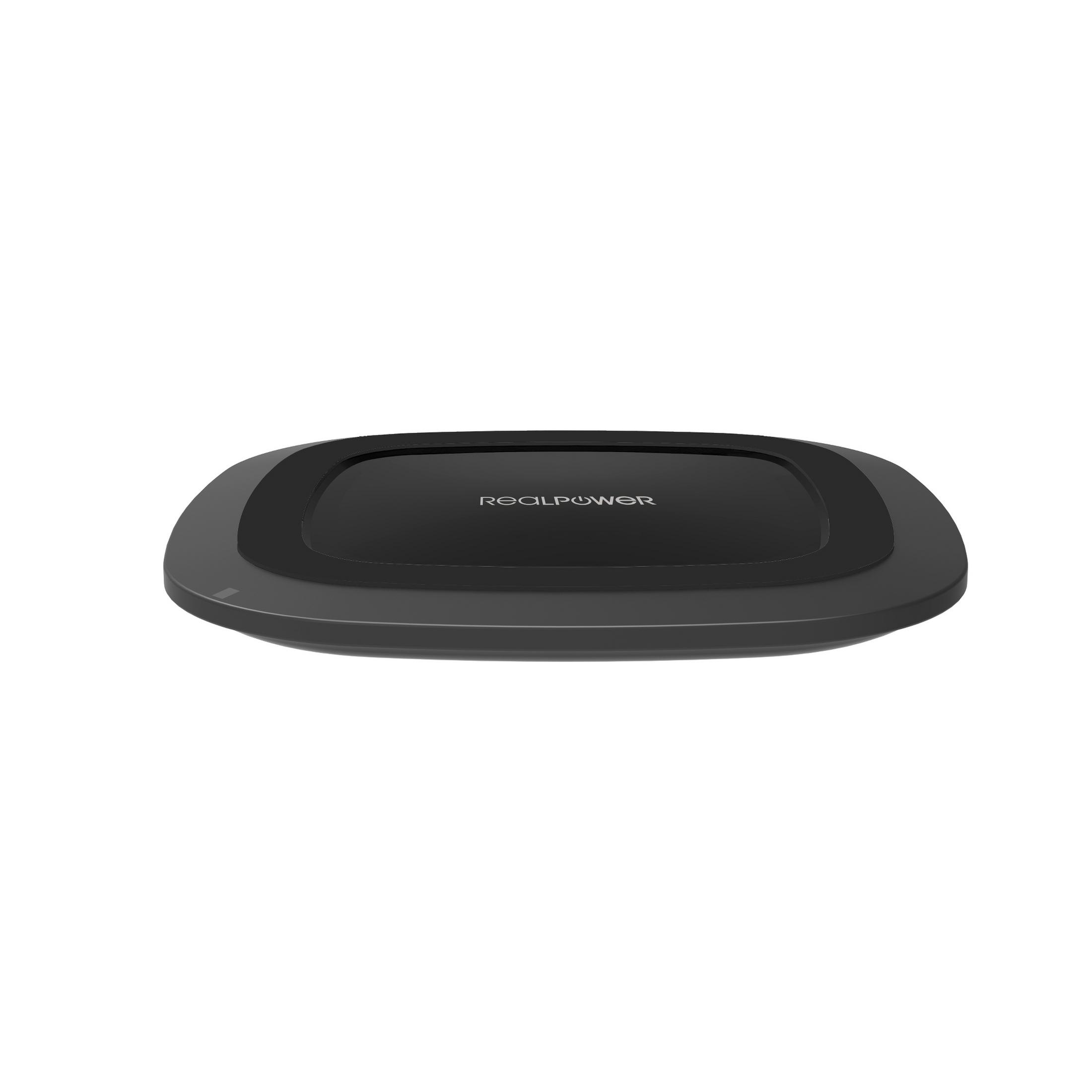 Ein schwarzes drahtloses Ladegerät von Realpower, oval geformt mit dunklem zentralen Ladebereich.