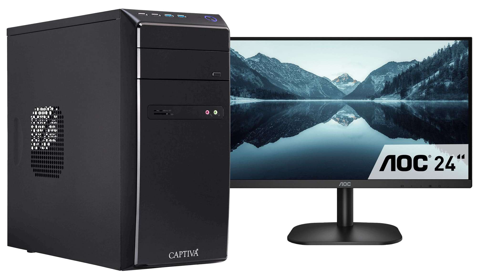 Zwarte computertoren naast een 24" AOC-monitor. Witte achtergrond.