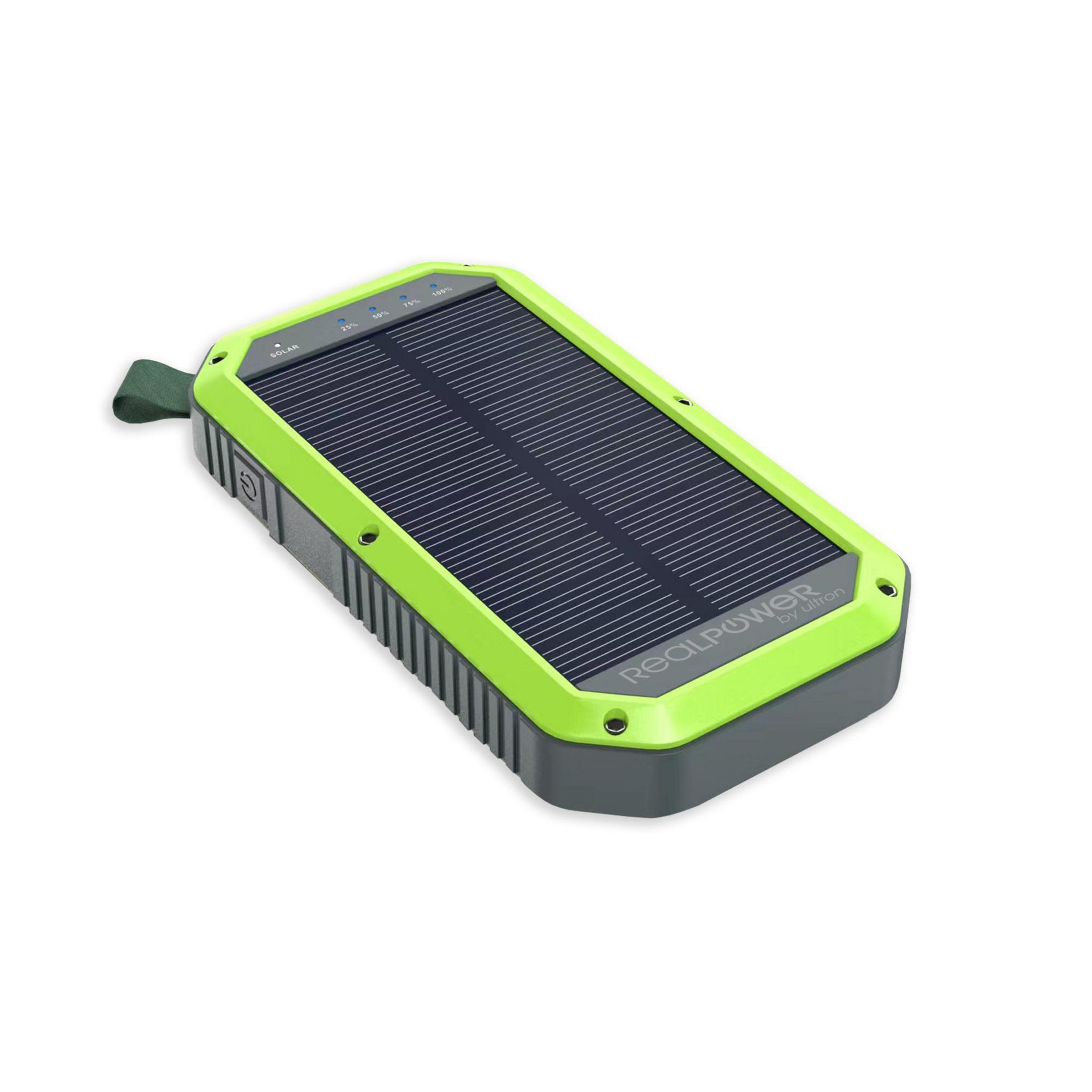 Power bank solare verde e grigio con pannello solare su sfondo bianco.