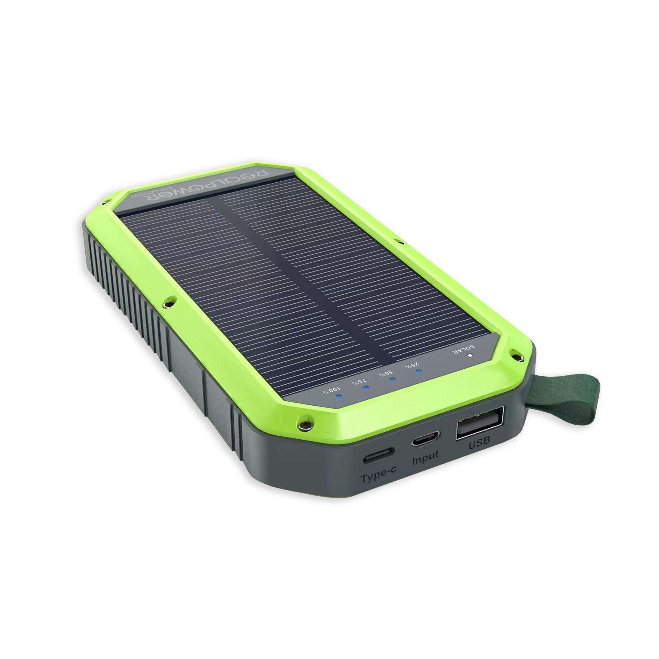 Power bank solare verde e nero, con pannello solare, porte USB e Type-C.