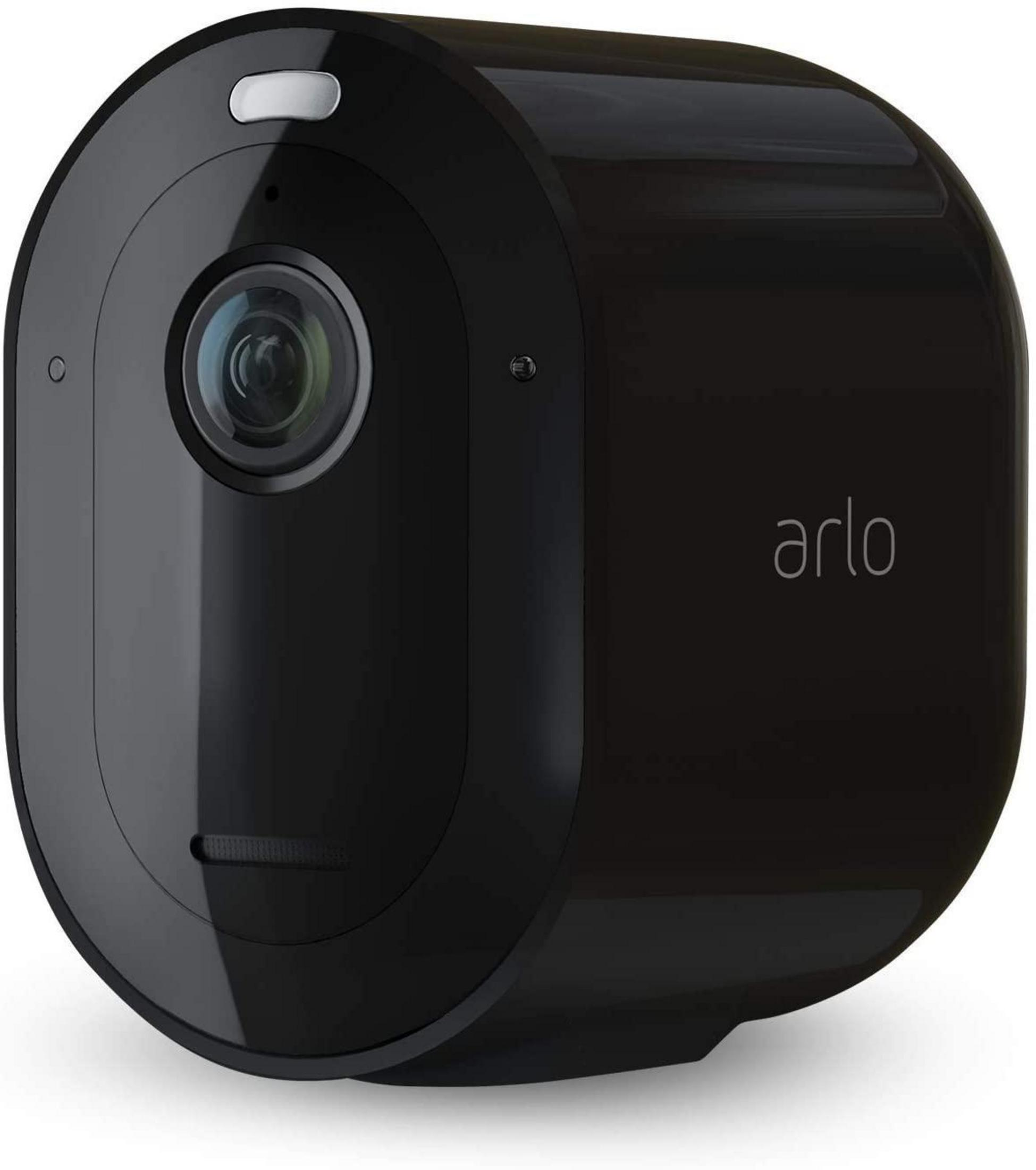 Schwarze Arlo Überwachungskamera mit runder Form.