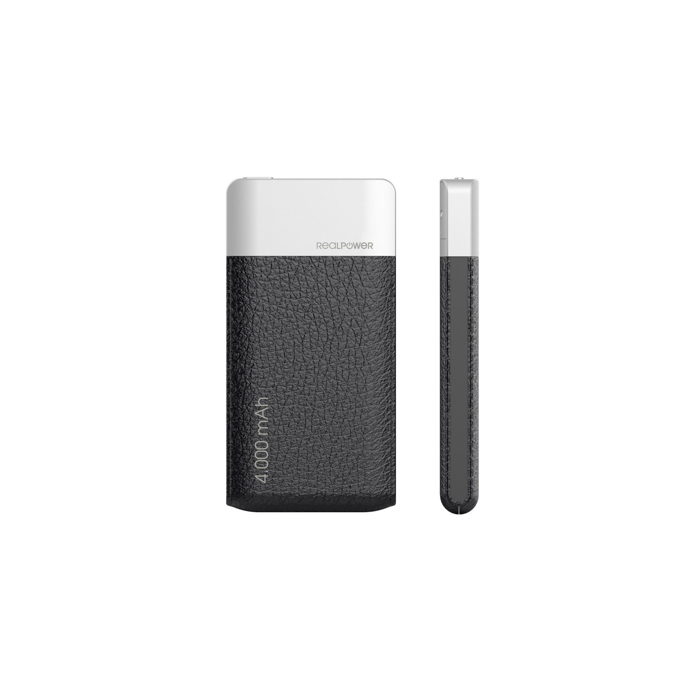 Un power bank nero e grigio con logo Realpower. È rettangolare con 4.000 mAh scritti sopra.