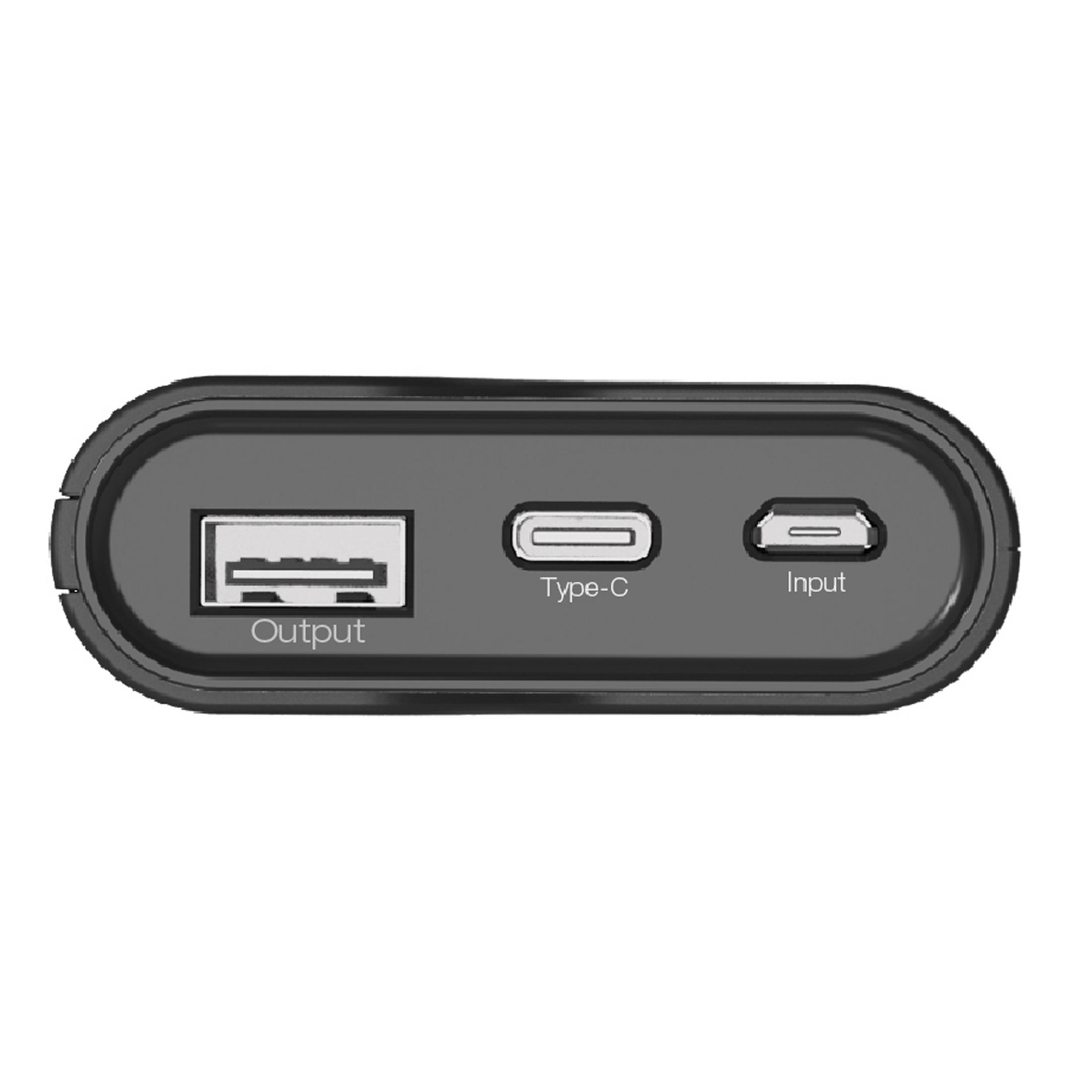 Un dispositivo nero con porte di uscita, tipo-c e ingresso. È un piccolo gadget rettangolare.