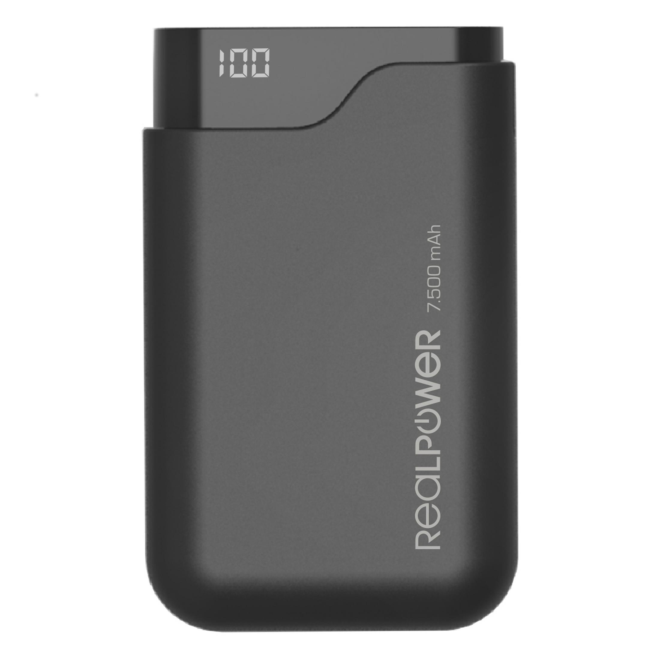 Power bank RealPower nero con display digitale che mostra il 100%.