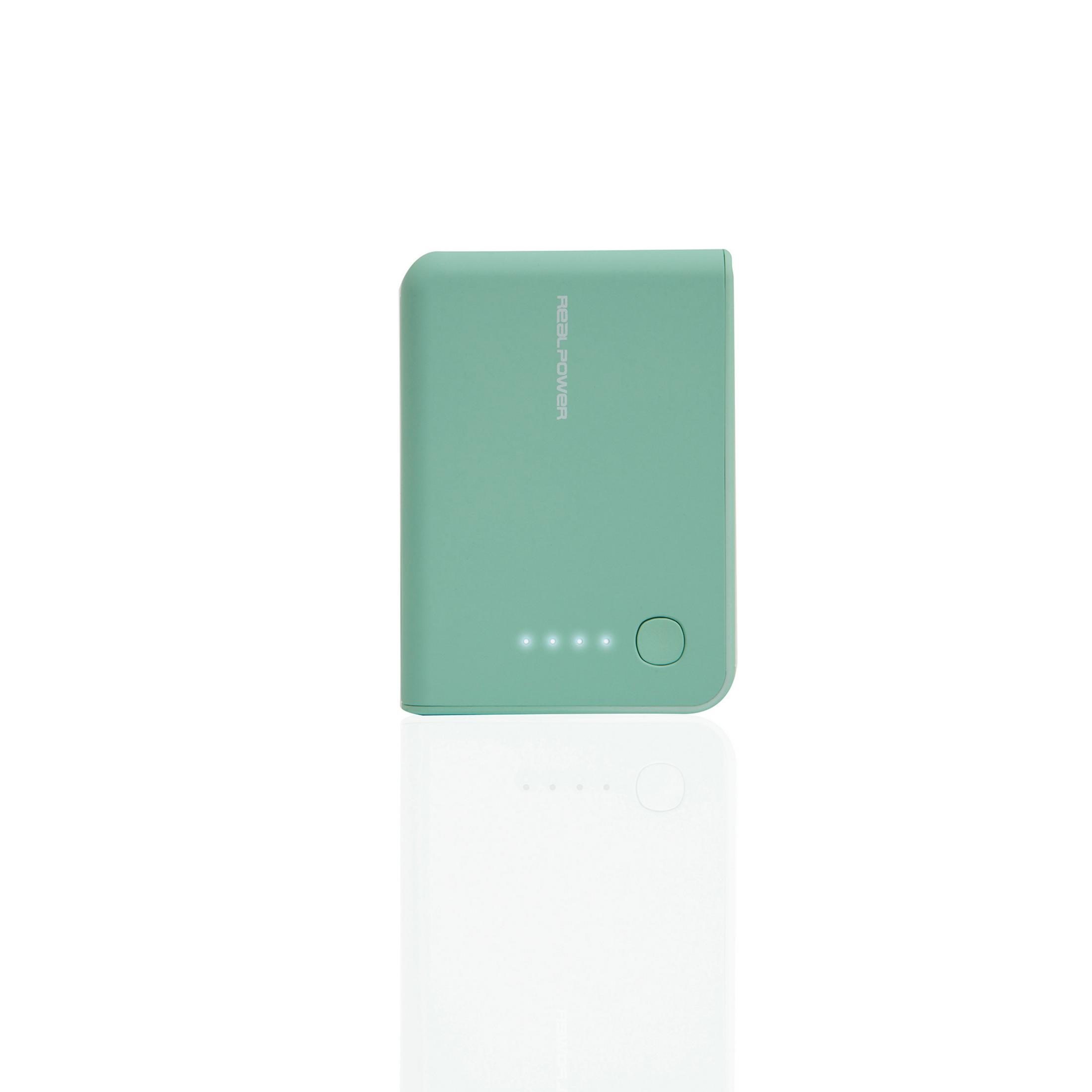 Power bank verde menta con spie luminose e un pulsante. Sfondo bianco.