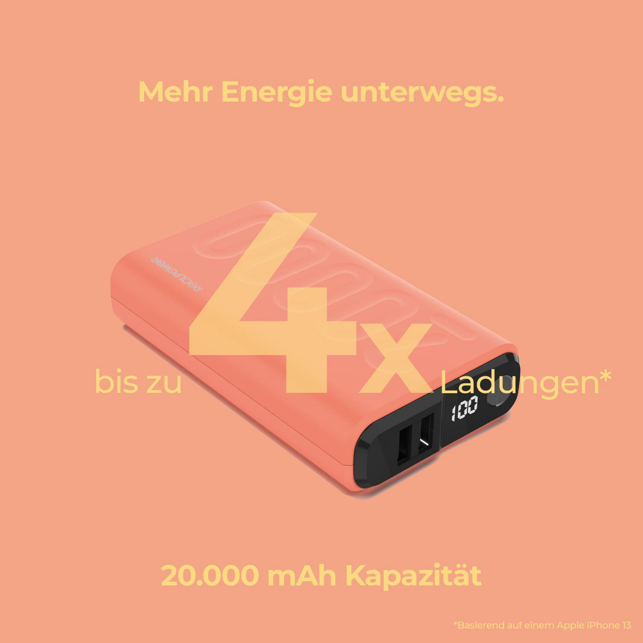 Un power bank arancione con testo: 4x ricariche, capacità di 20.000 mAh.