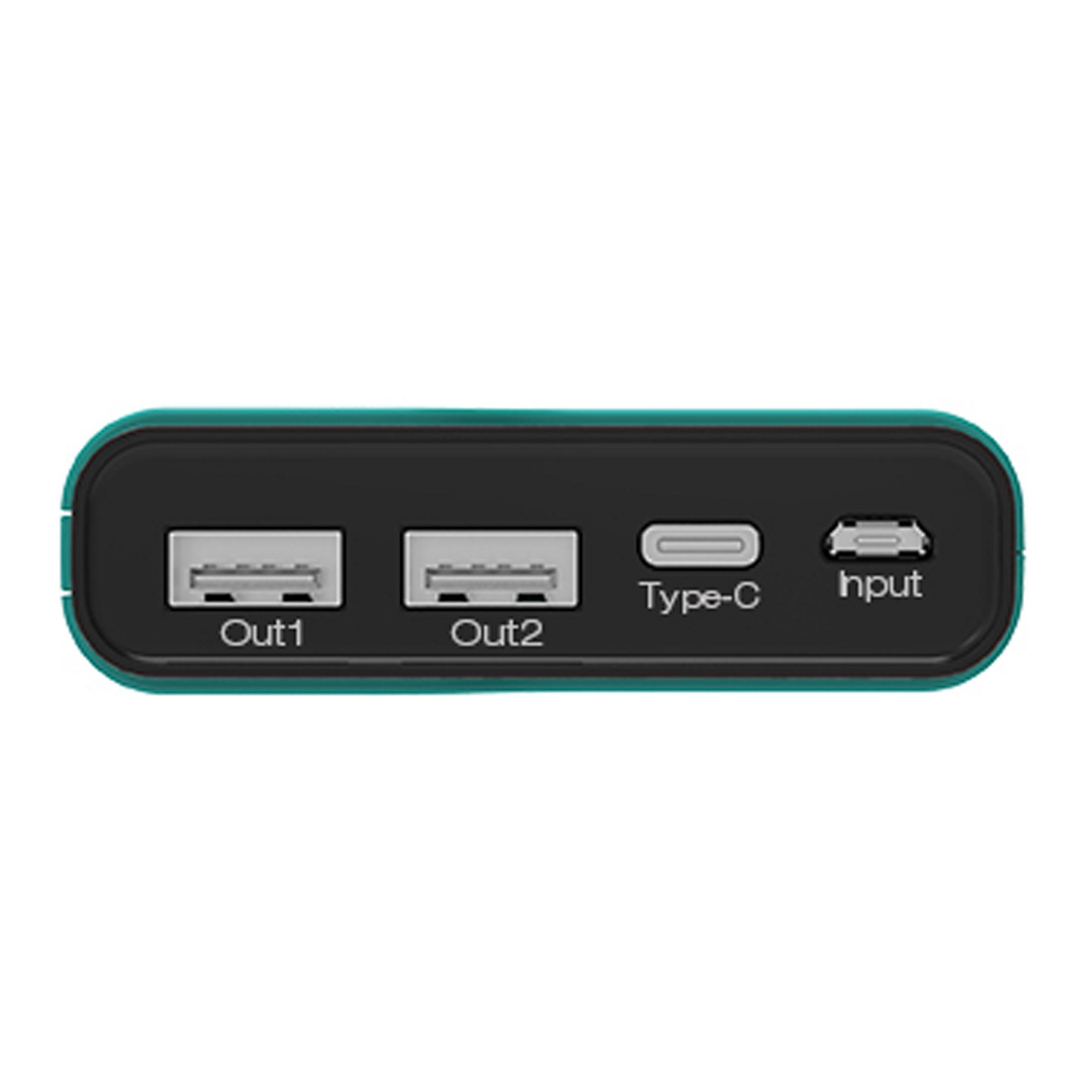 Eine teal- und schwarze Powerbank mit mehreren Anschlüssen: Out1, Out2, Typ-C und Input.
