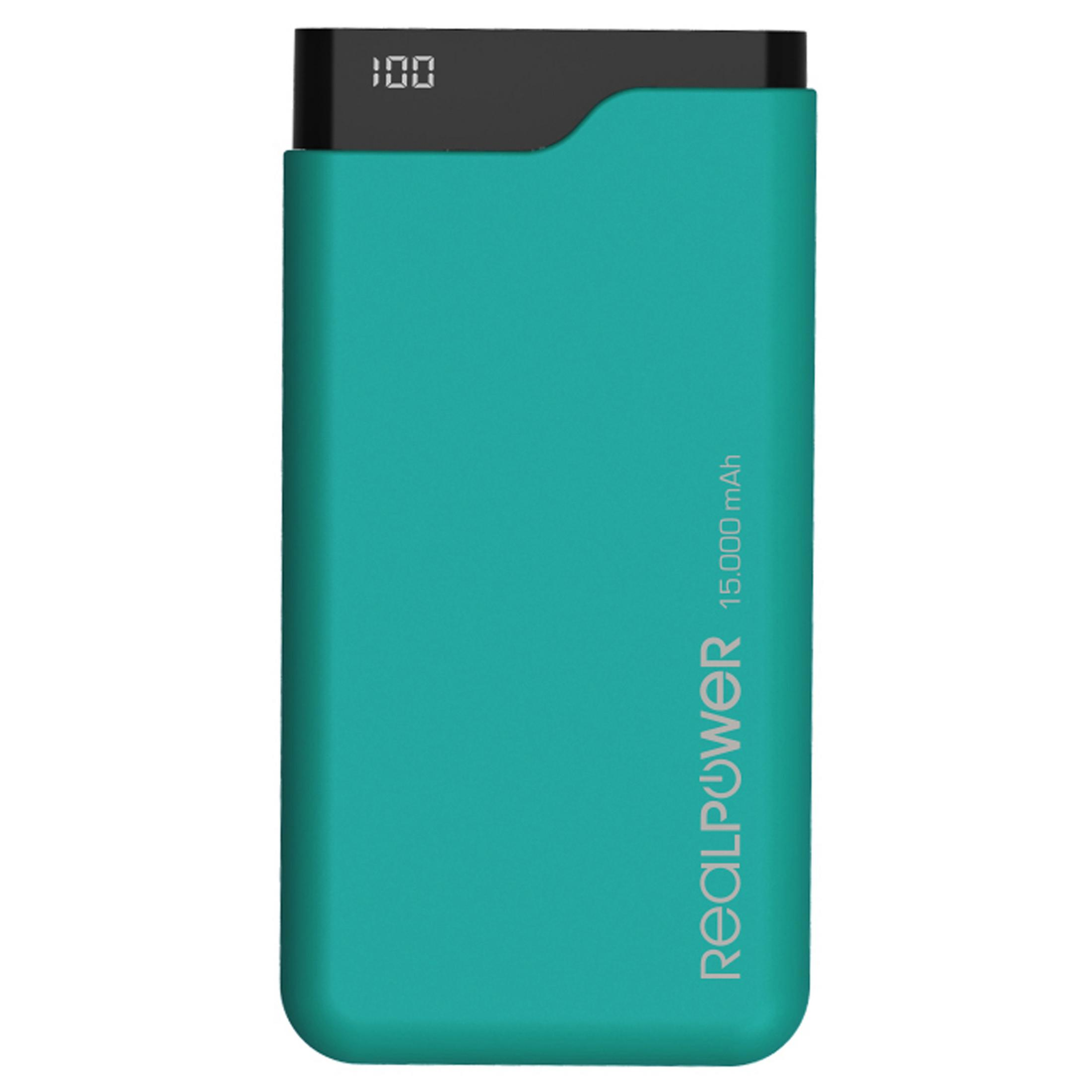 Türkis RealPower Powerbank mit Display.