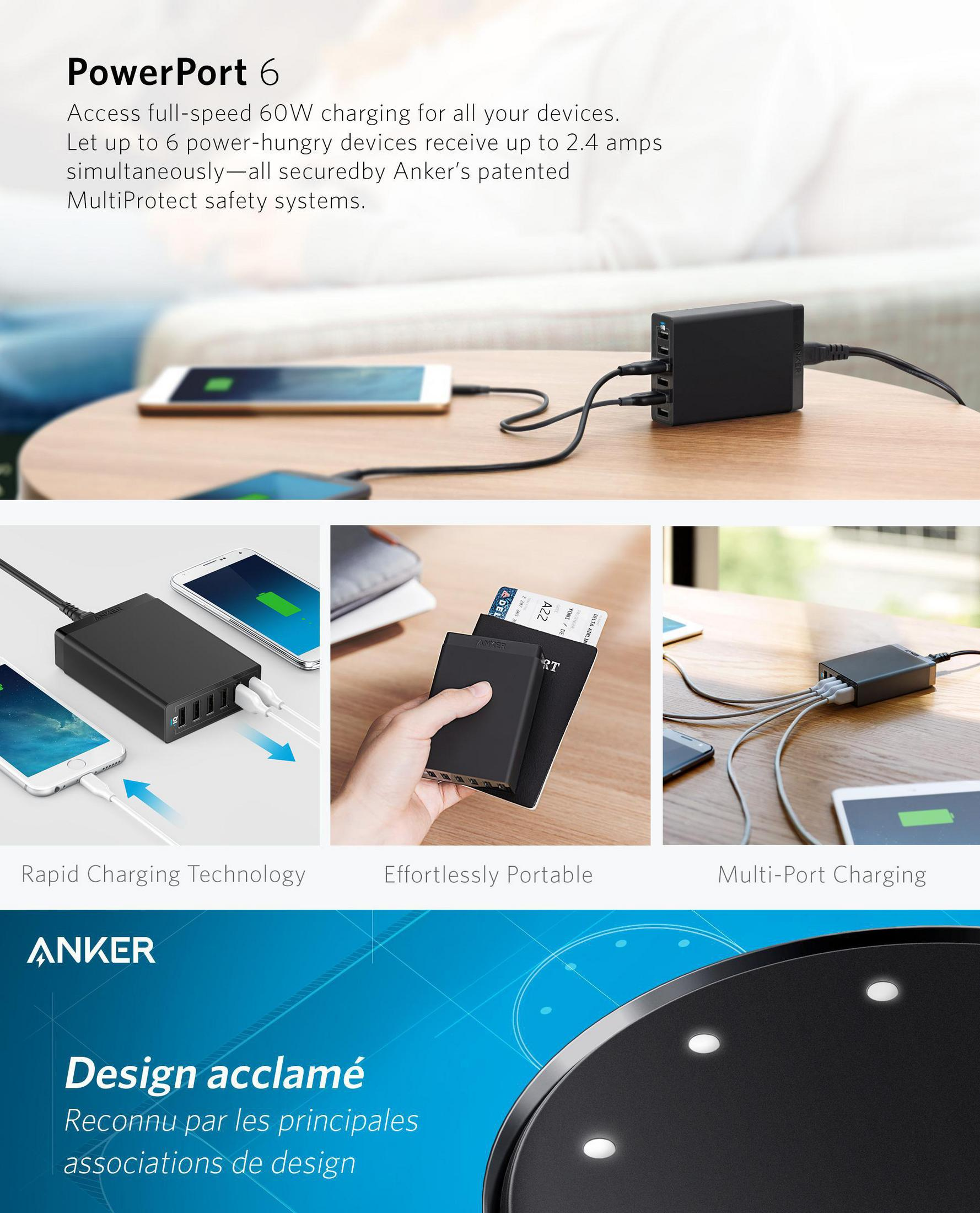 Anker PowerPort 6, mit Ladegeräten und Geräten, die auf einem Holztisch laden.