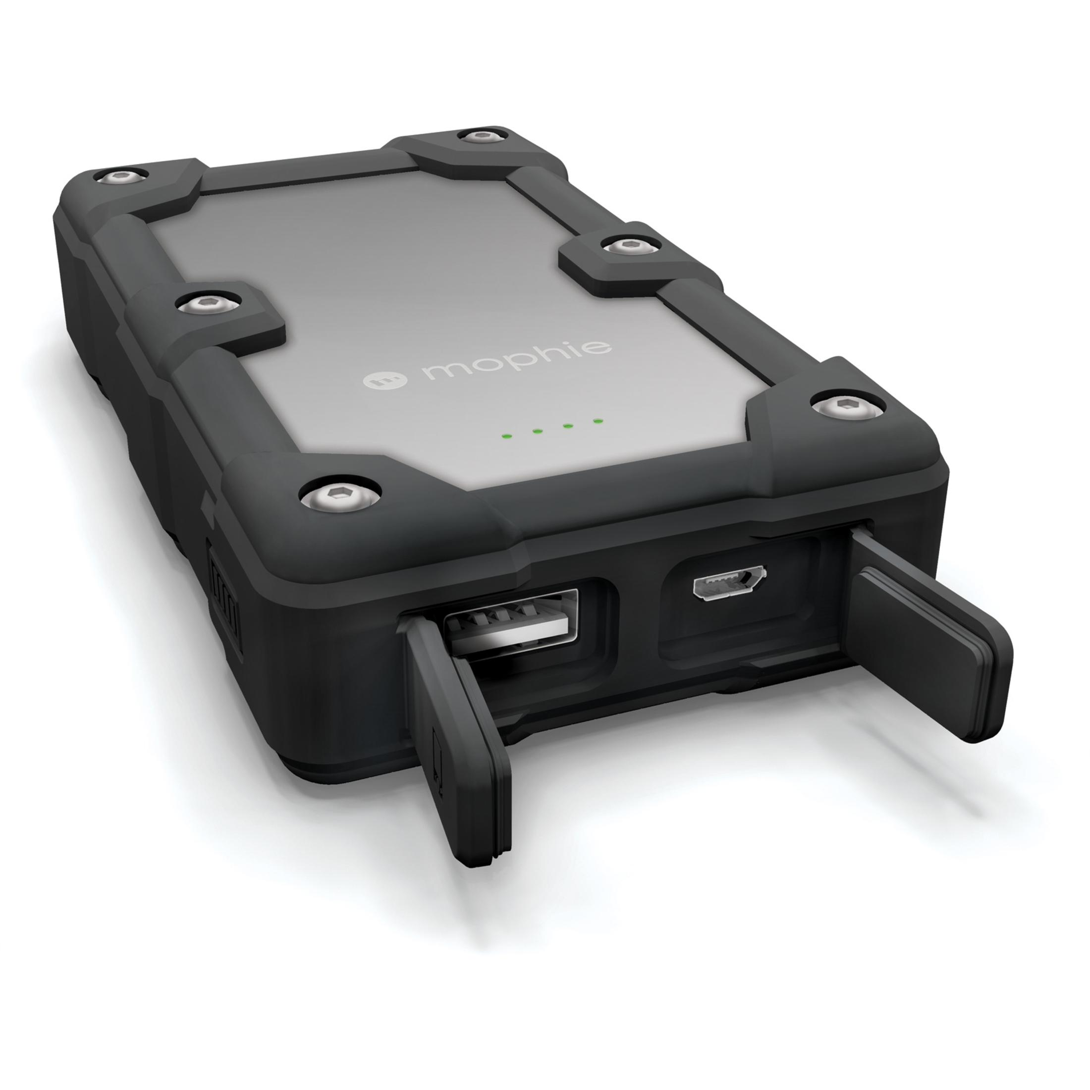 Batterie externe Mophie noire et grise avec ports USB et boutons.