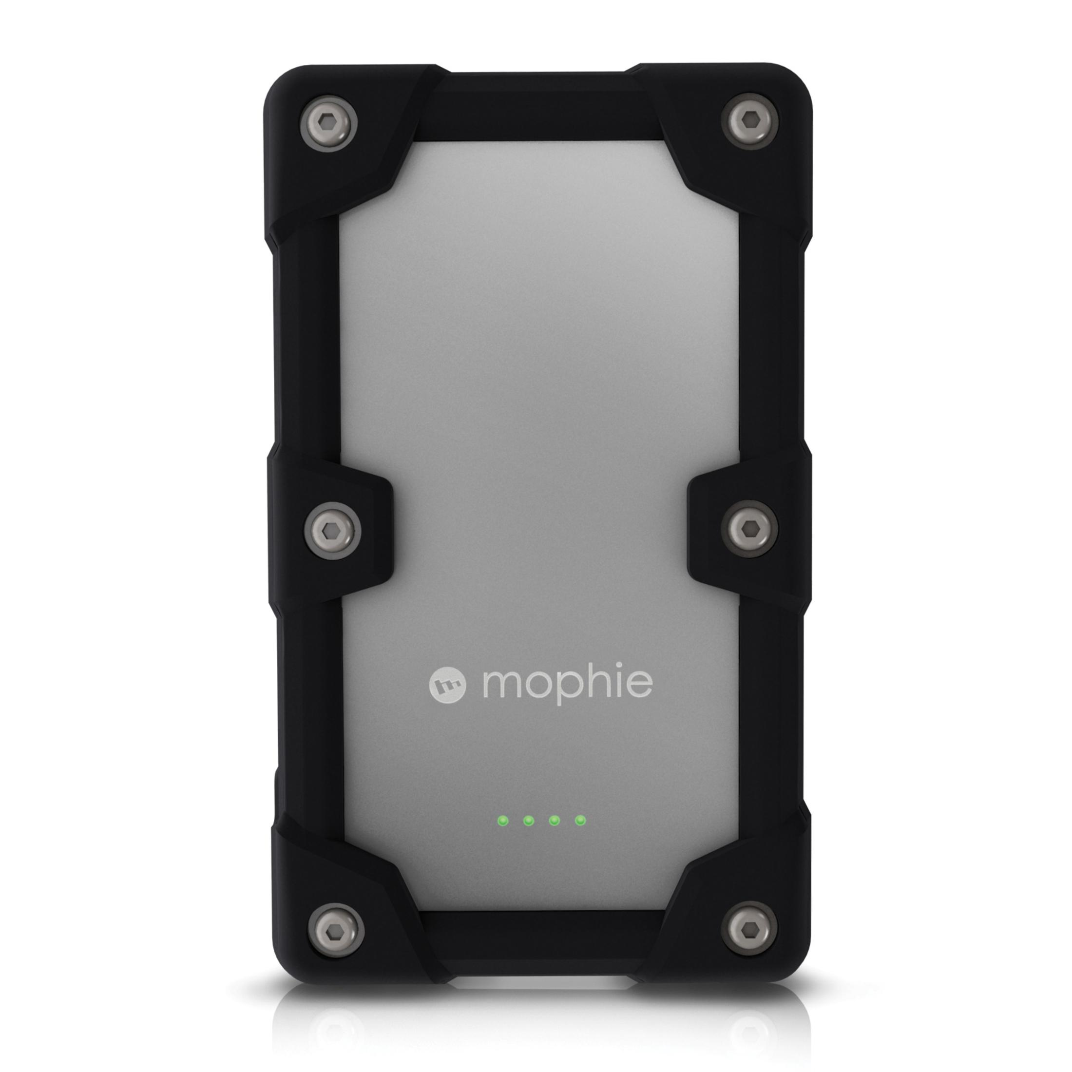 Batterie externe Mophie argentée et noire. Cadre noir et lumières LED vertes.