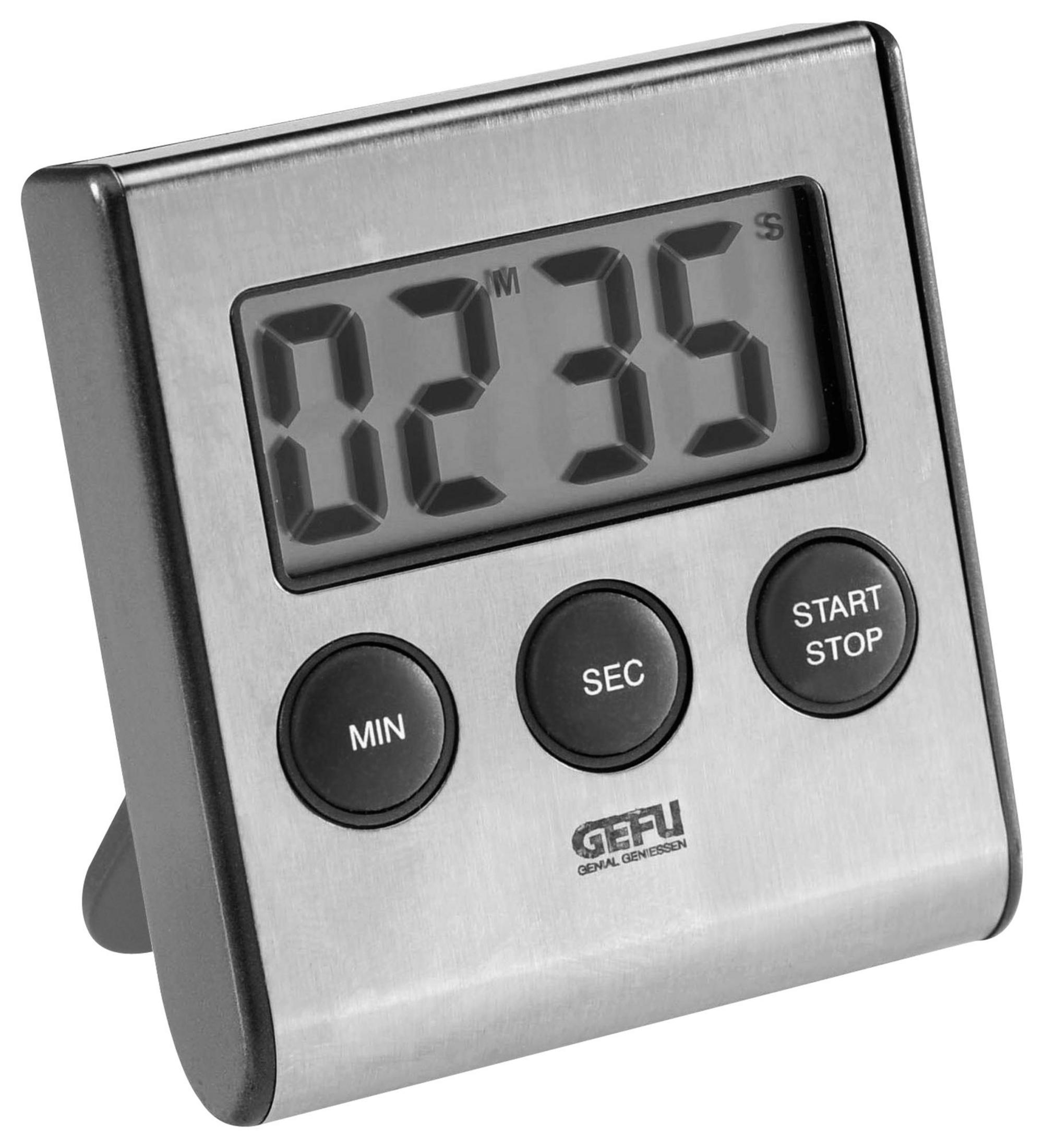 Silberner Timer mit digitaler Zeitanzeige und Knöpfen.