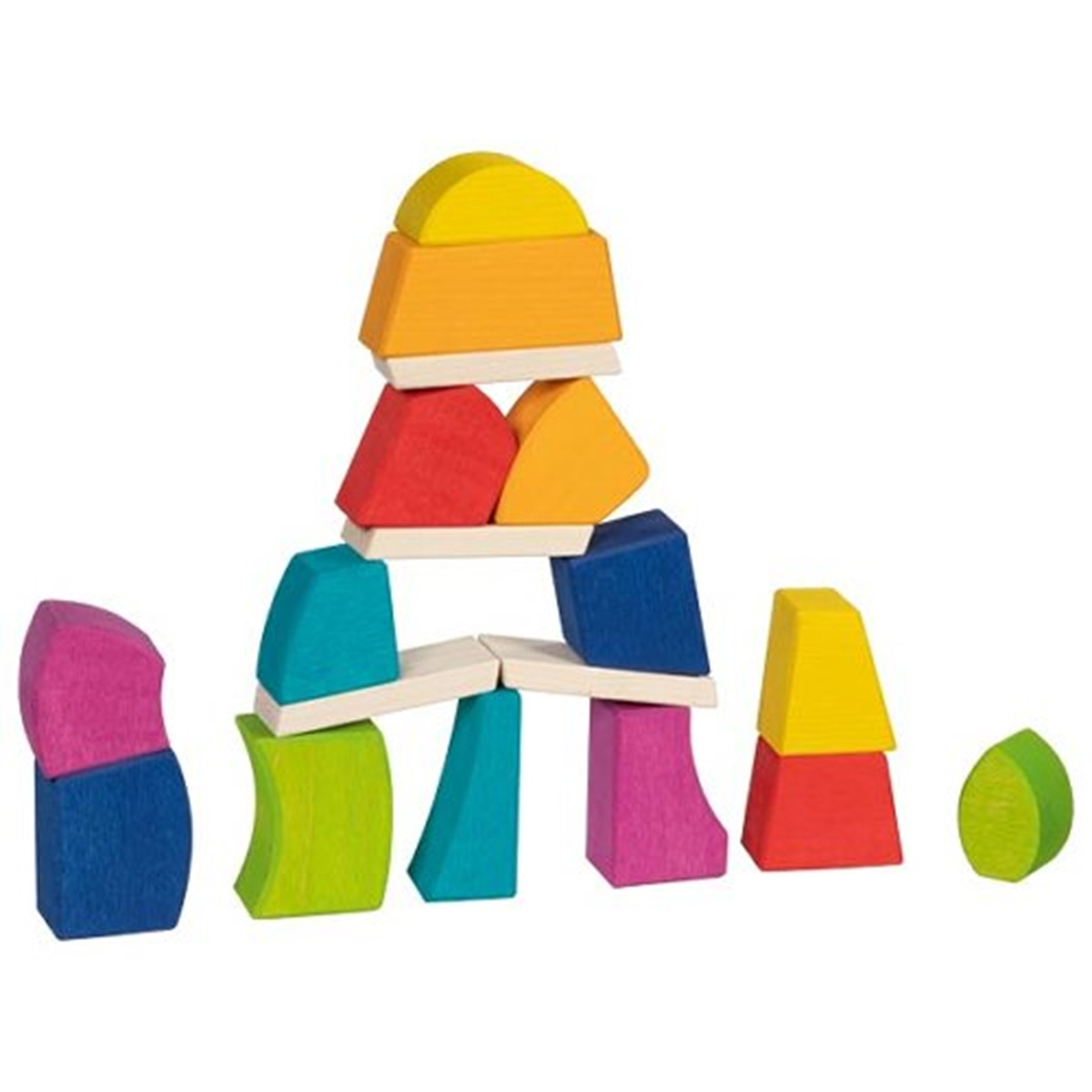 Bunte Holzbausteine, die zu einer kreativen, mehrfarbigen Struktur gestapelt werden.