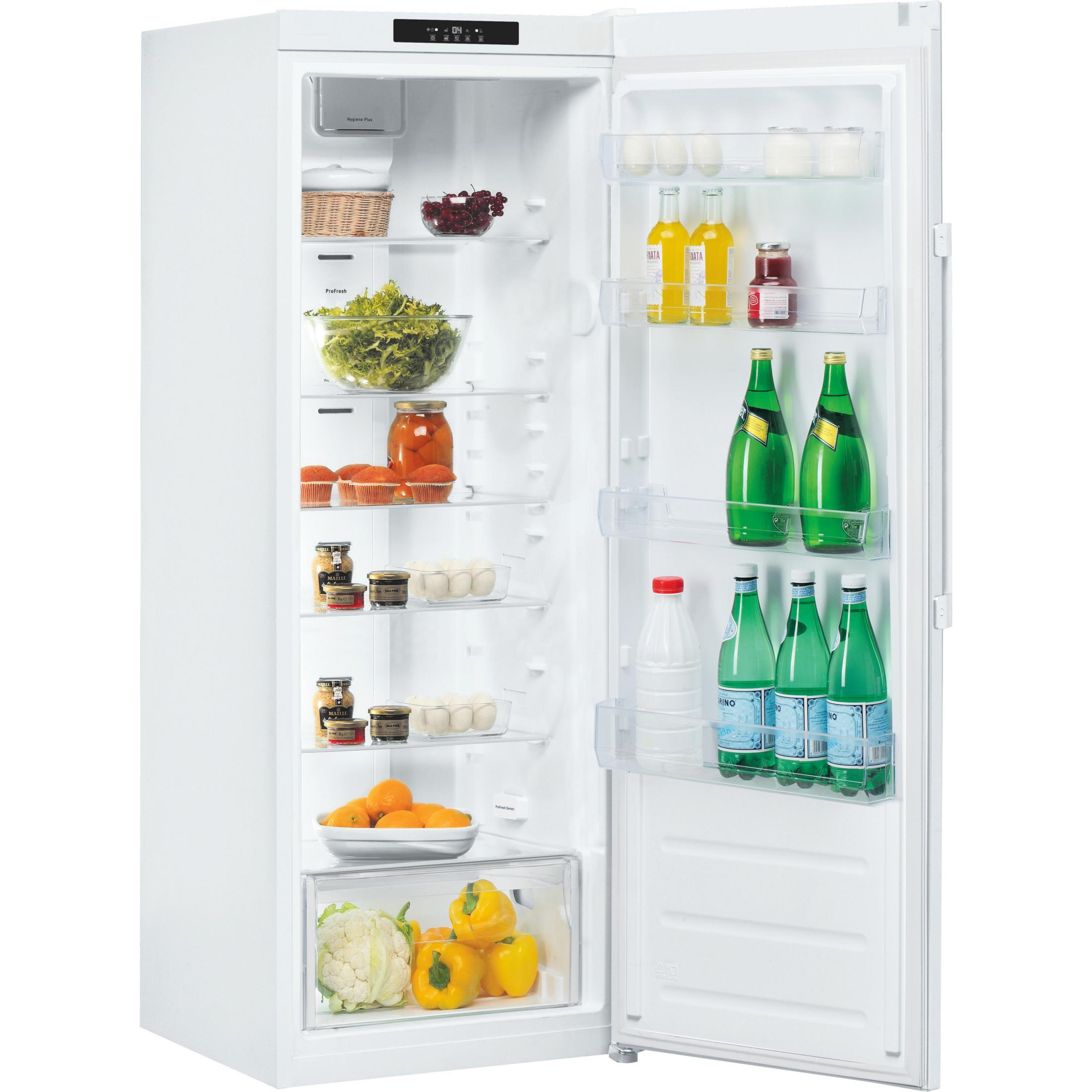 Weißer offener Kühlschrank mit Lebensmitteln. Enthält Obst, Gemüse, Getränke und Eier.