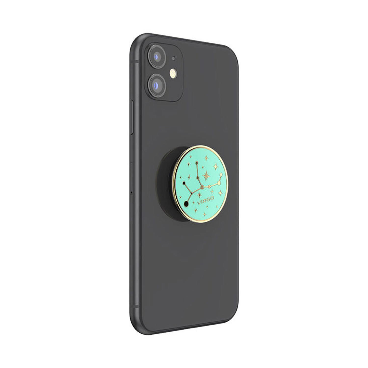 Schwarzes Telefon mit türkisem Pop-Socket, goldenem Rand und Sternbilddesign. Das Telefon steht auf weißem Hintergrund.