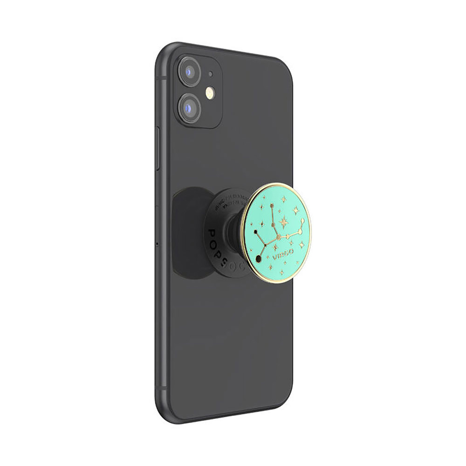 Schwarzes Telefon mit einem türkisfarbenen PopSocket mit einem Sternzeichen.