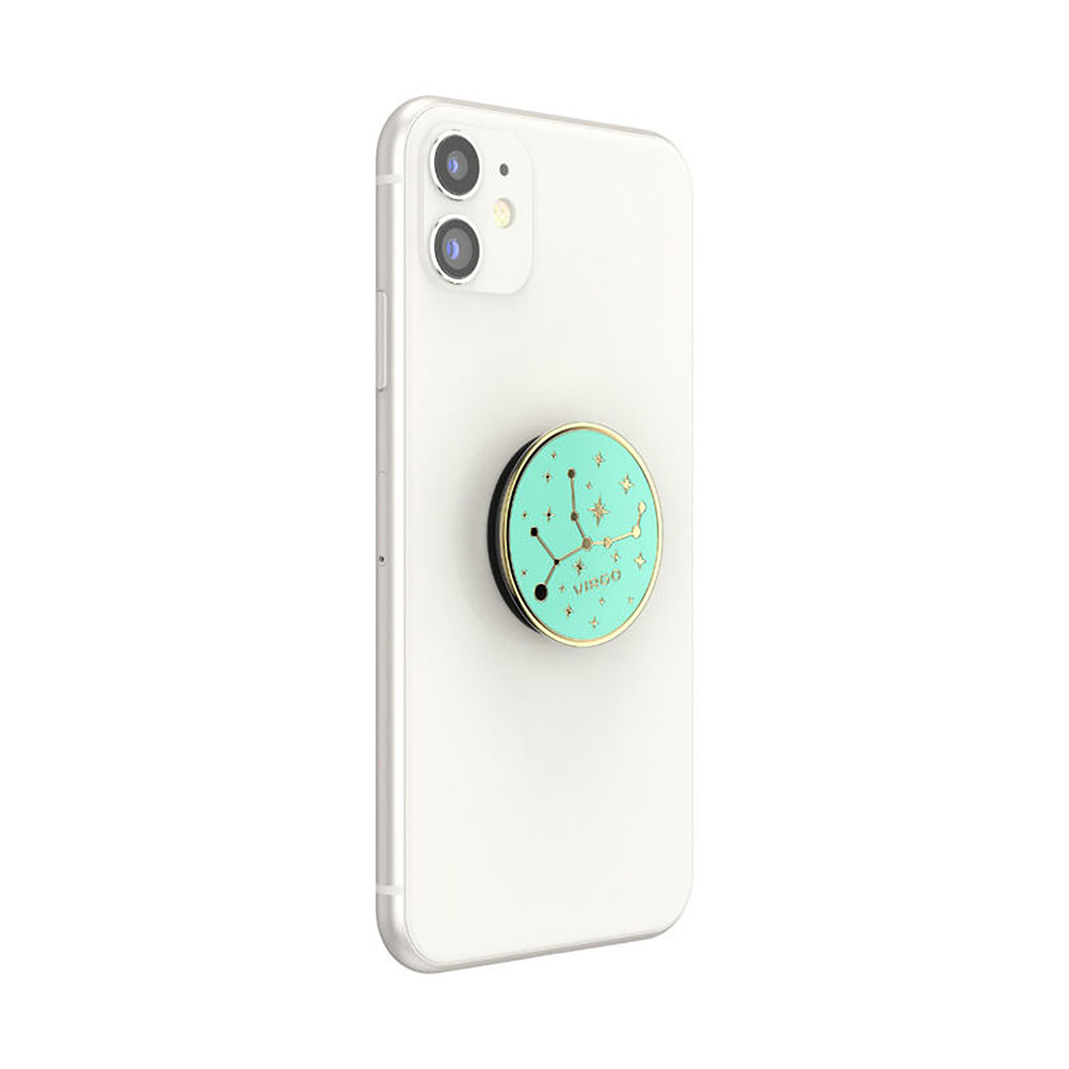 Ein weißes Telefon mit einem türkisfarbenen Pop-Socket.