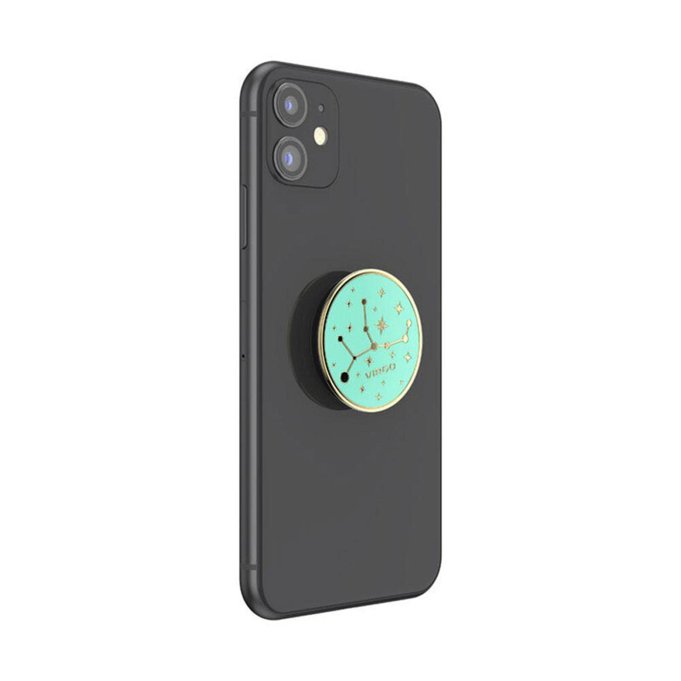 Schwarzes Telefon mit einem tealfarbenen PopSocket. Der PopSocket hat das Sternbild Jungfrau.