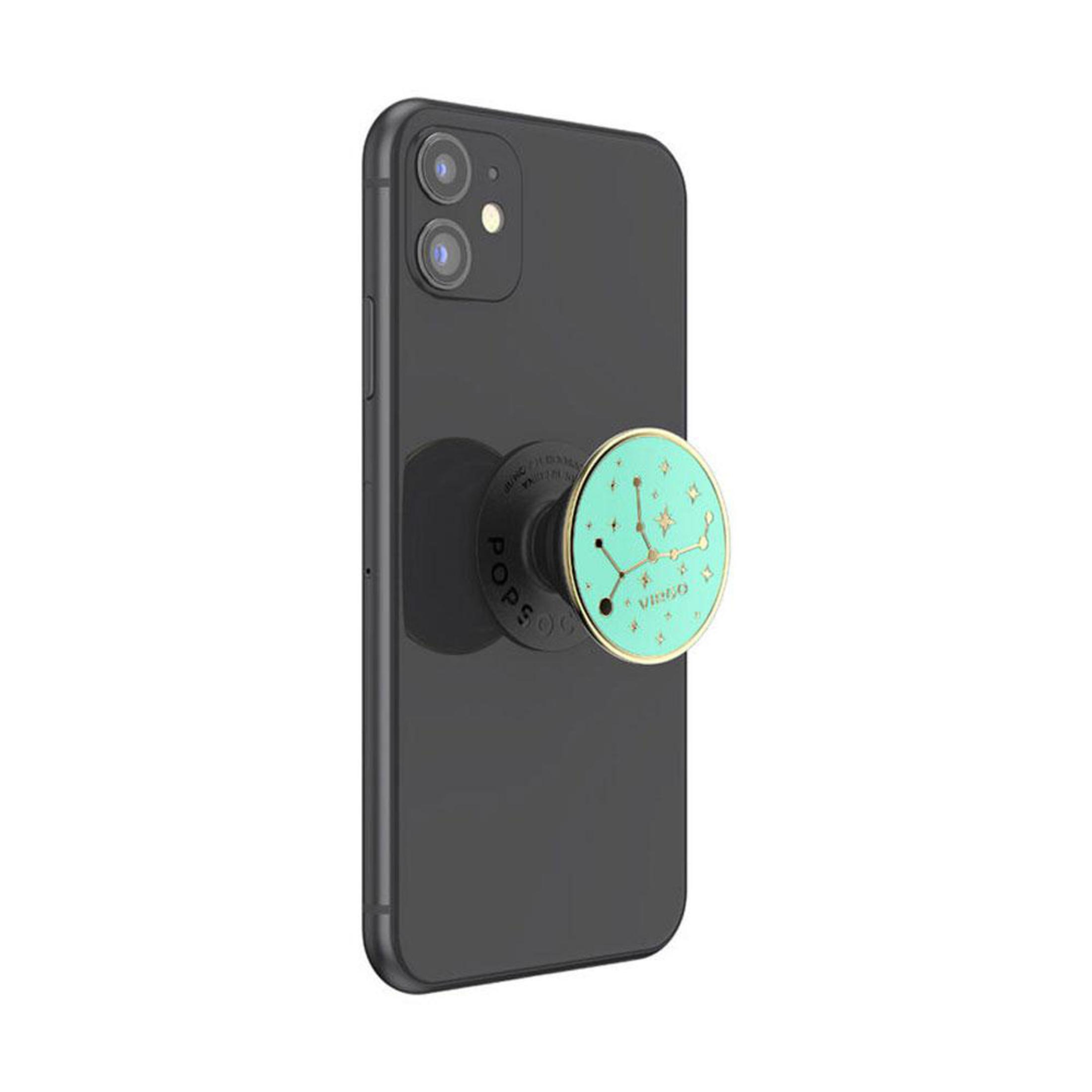 Ein schwarzes Telefon mit einem türkisfarbenen Pop-Socket-Halter für das Sternzeichen Jungfrau. Das Pop-Socket hat ein Stern-Design.