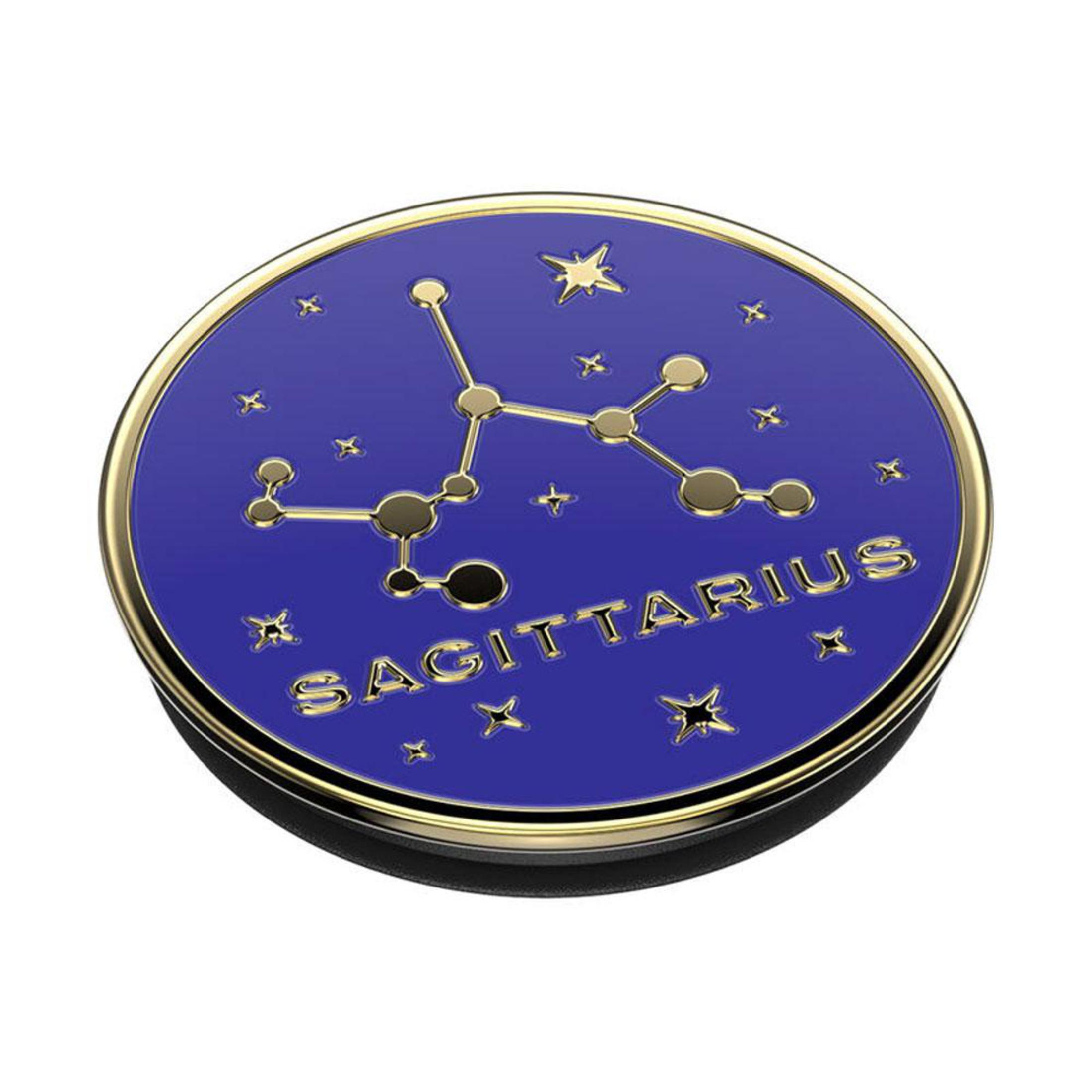 Schütze-Tierkreiszeichen-Design auf einer runden, blau-goldenen Oberfläche. Goldene Konstellation und Text.