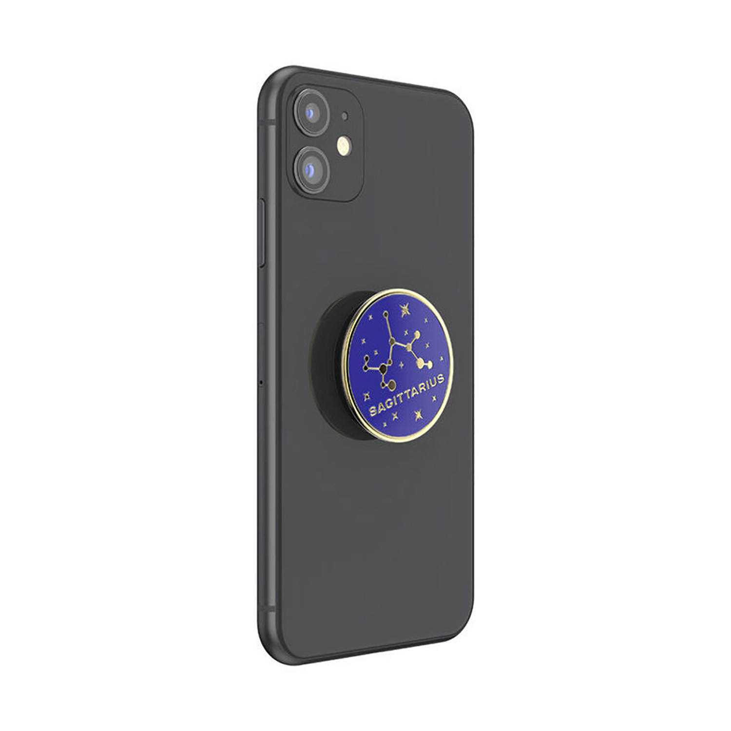 Schwarzes Telefon mit Schütze-Telefonhalter auf der Rückseite.